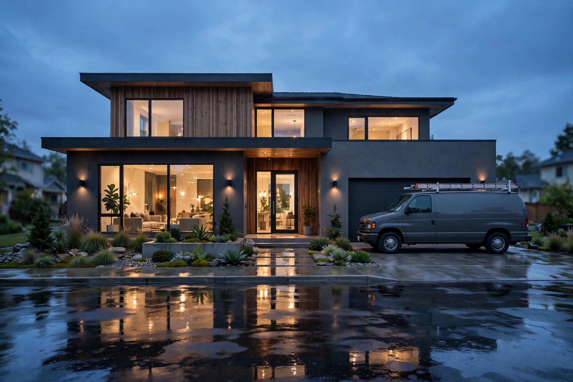 A Vancouver home at dusk with warm lights on, served by Milani
