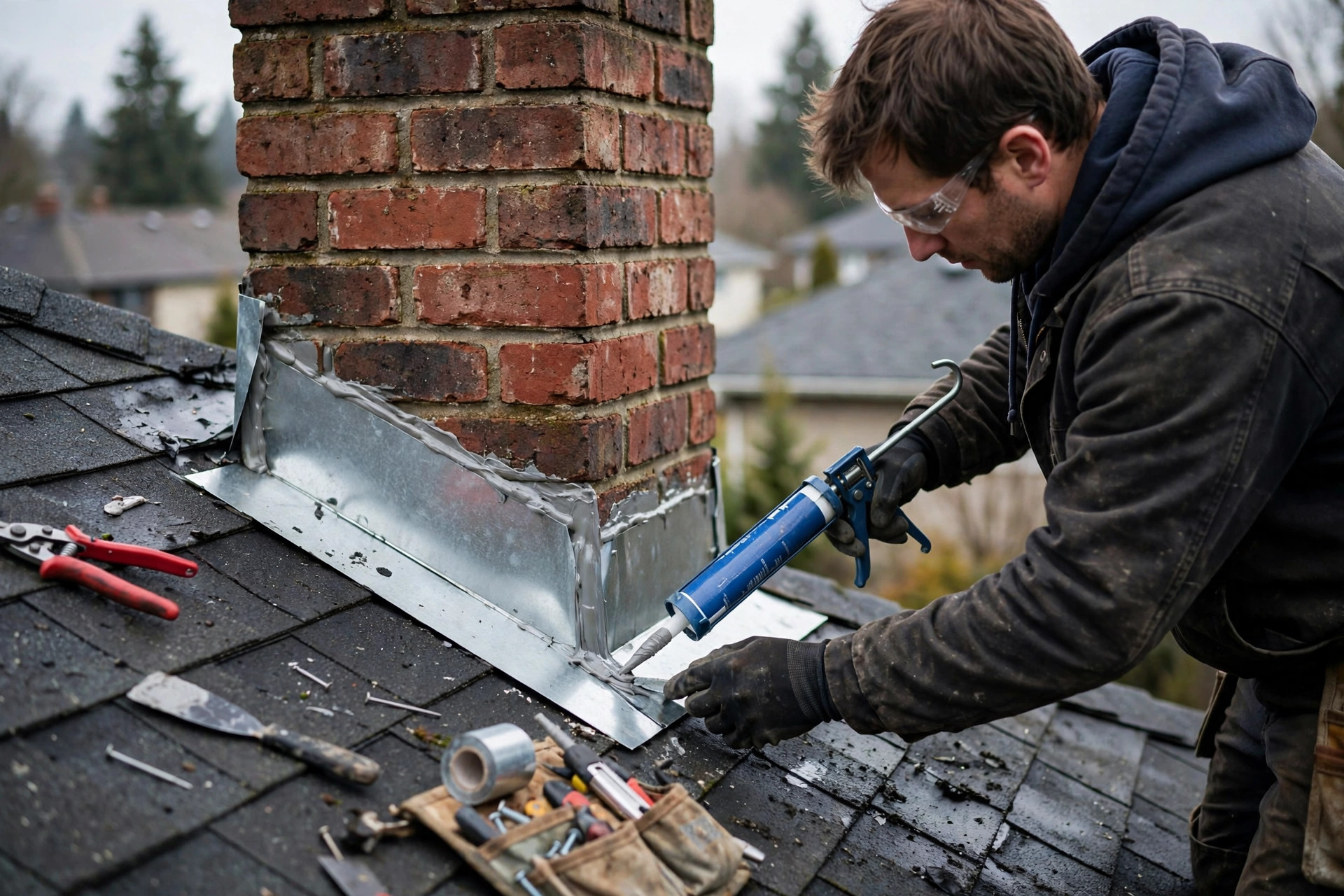 Chimney flashing repair on a sloped residential roof