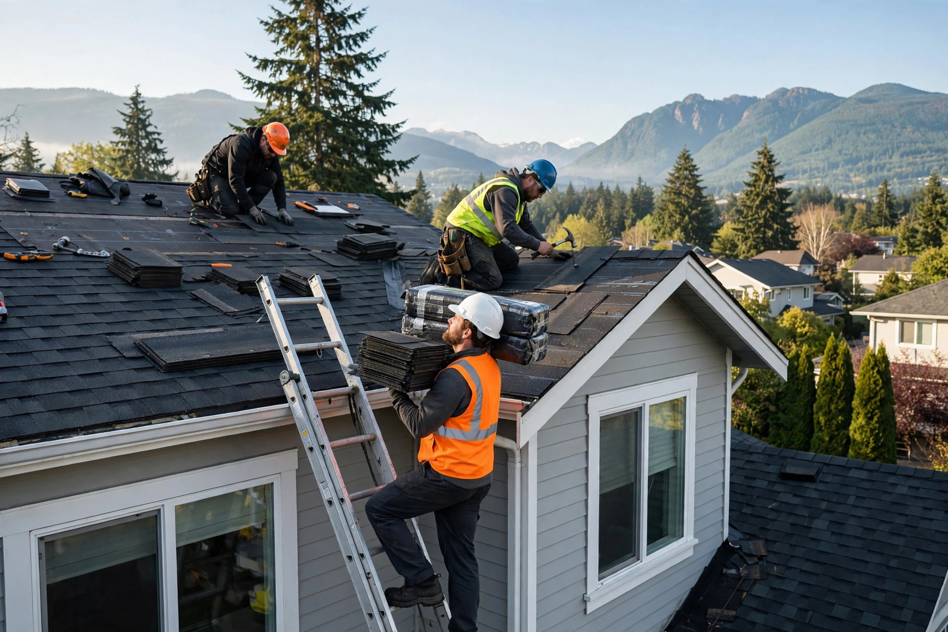 Roofers installing shingles on a Vancouver home