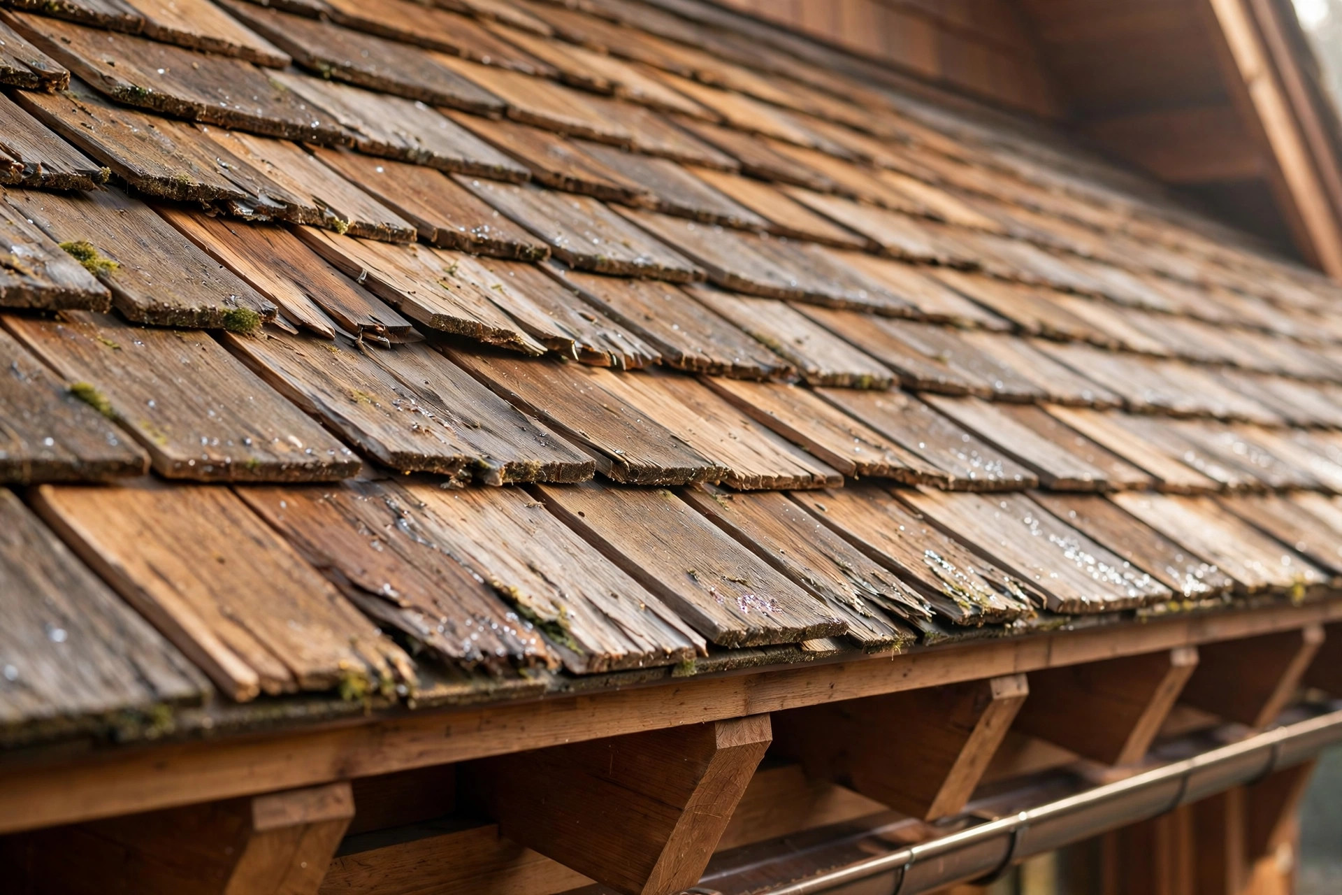 Cedar shake roof detail in morning light