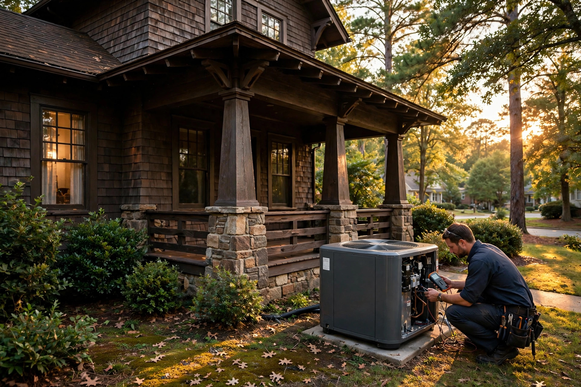 Concept imagery — technician servicing an outdoor condenser unit at sunset (sample photo)