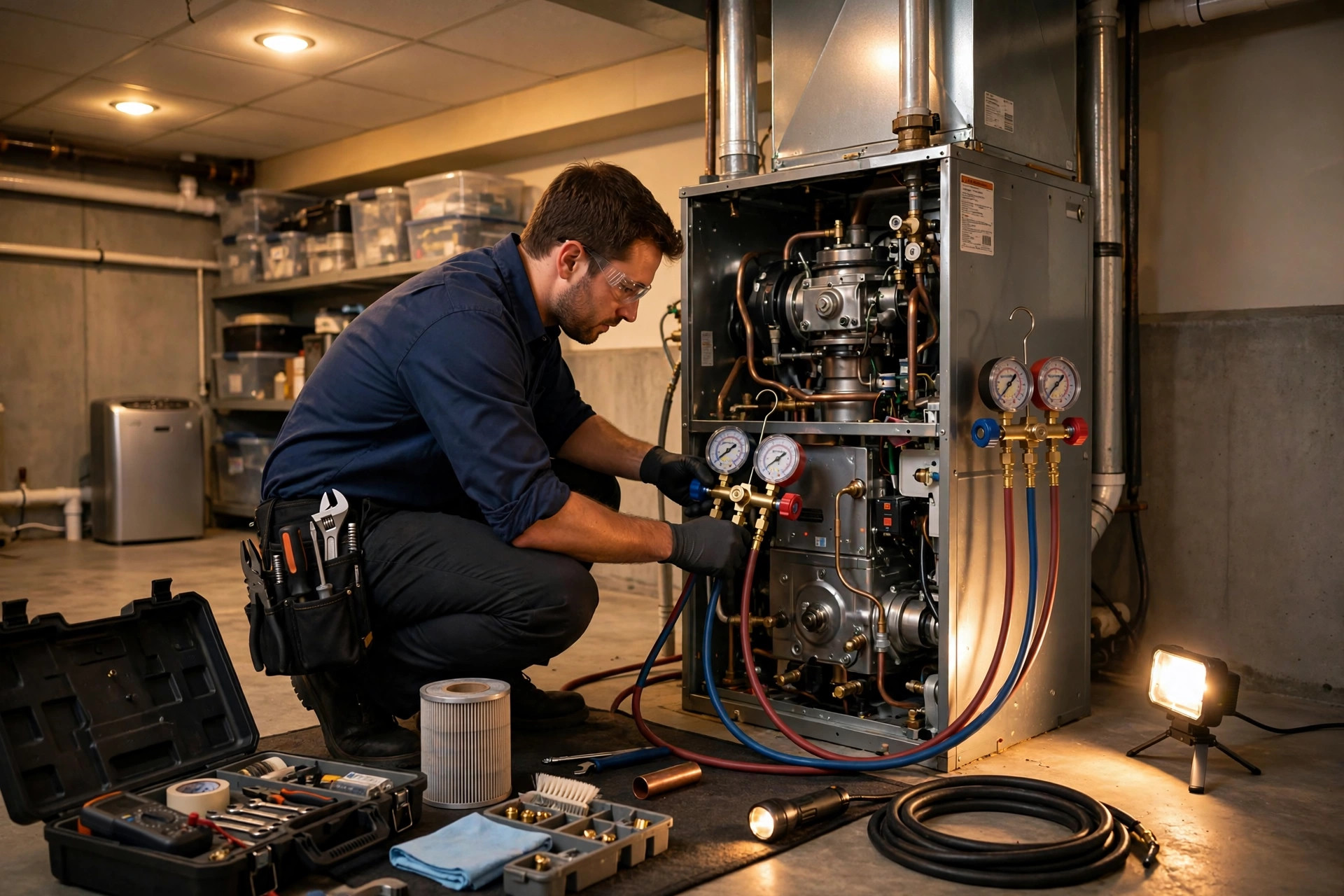 Concept imagery — furnace tune-up with manifold gauges (sample photo)