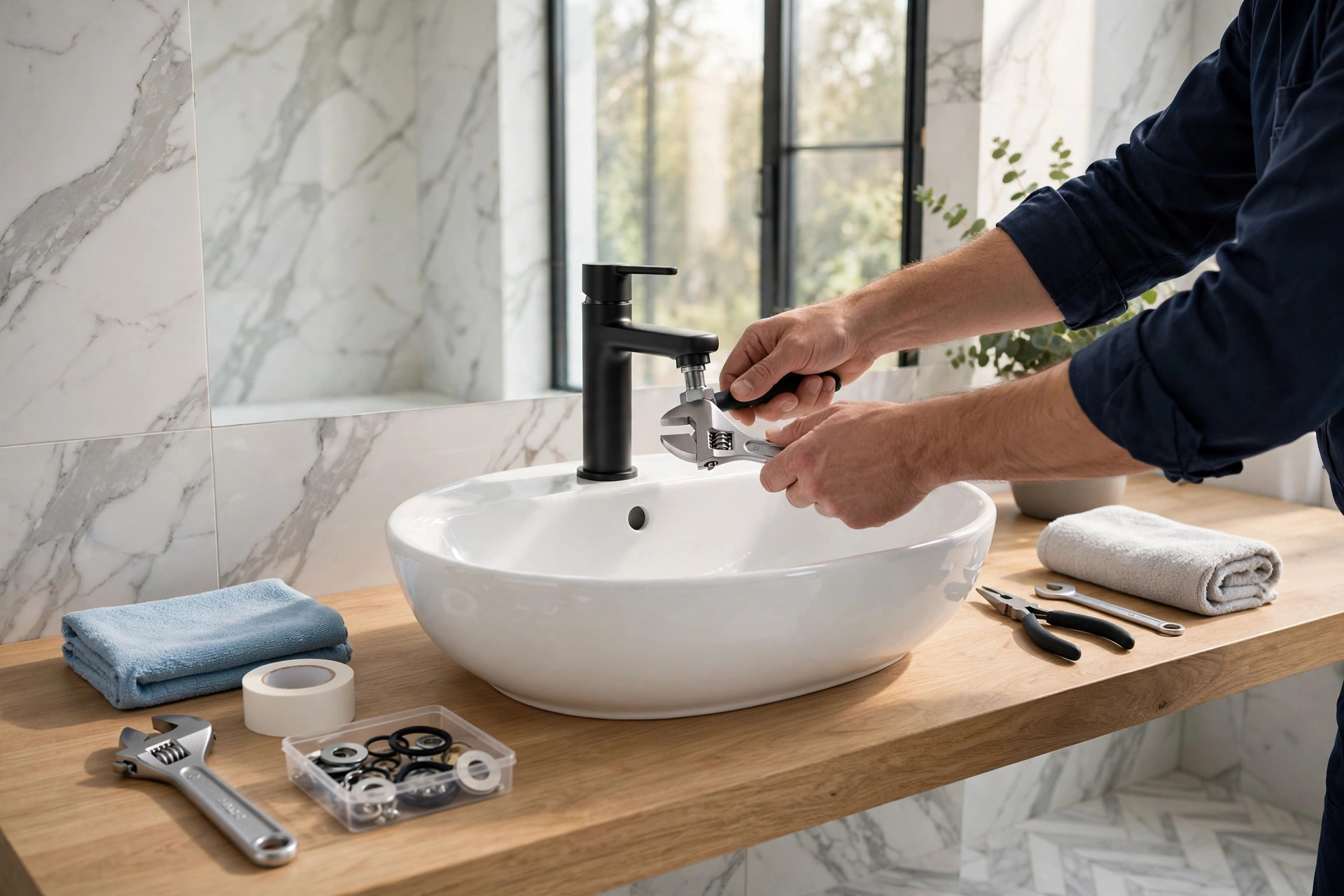 Faucet installation in a bright Dallas bathroom