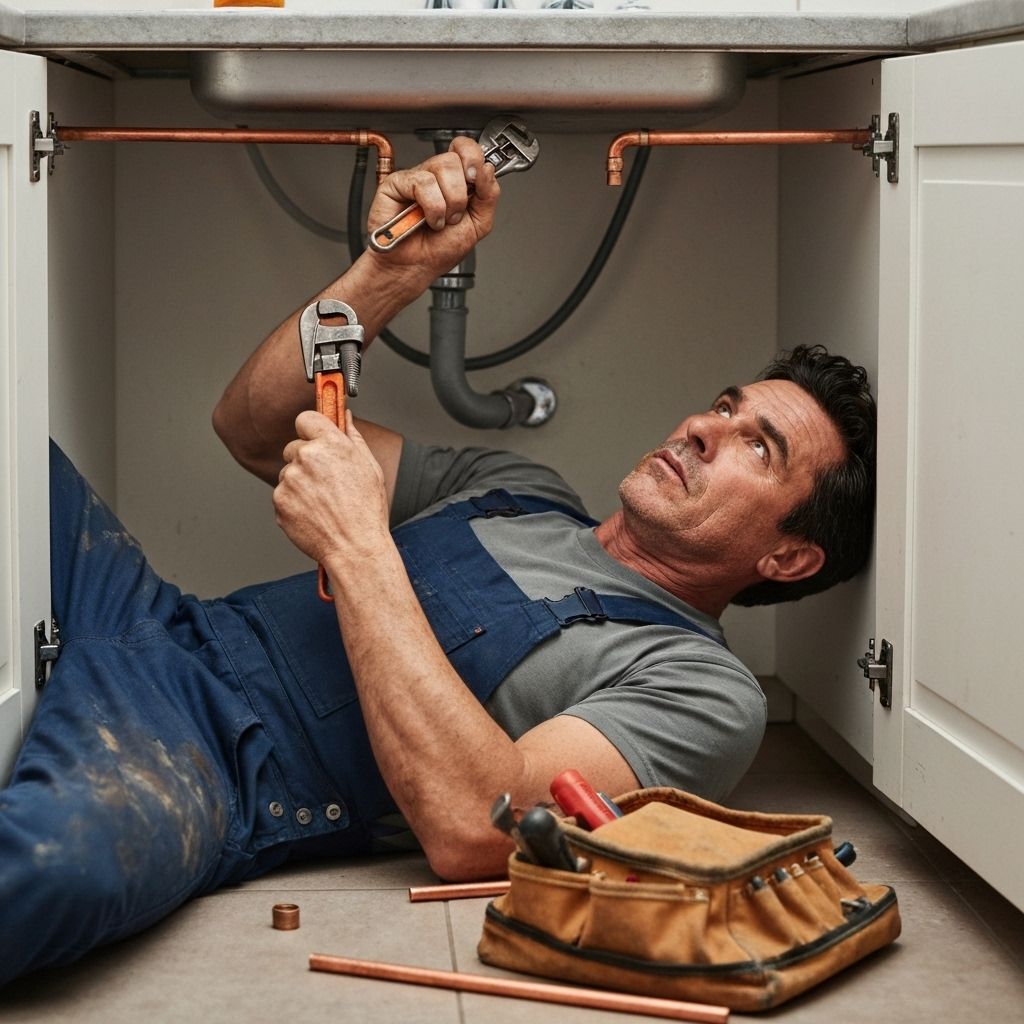 Plumber working under a sink with two wrenches
