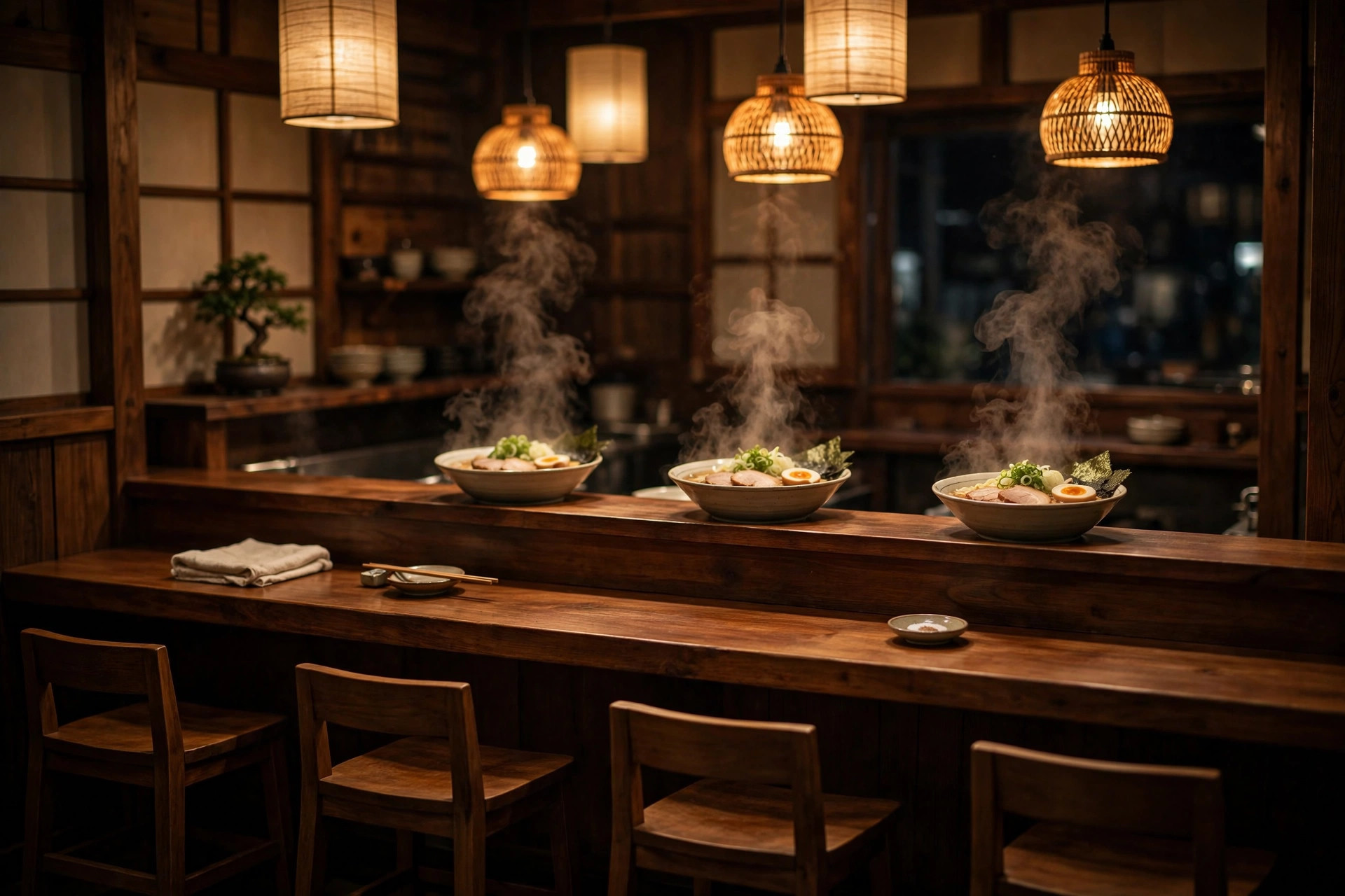 Warm wooden counter of a small Japanese ramen shop at night, steaming bowls lined up