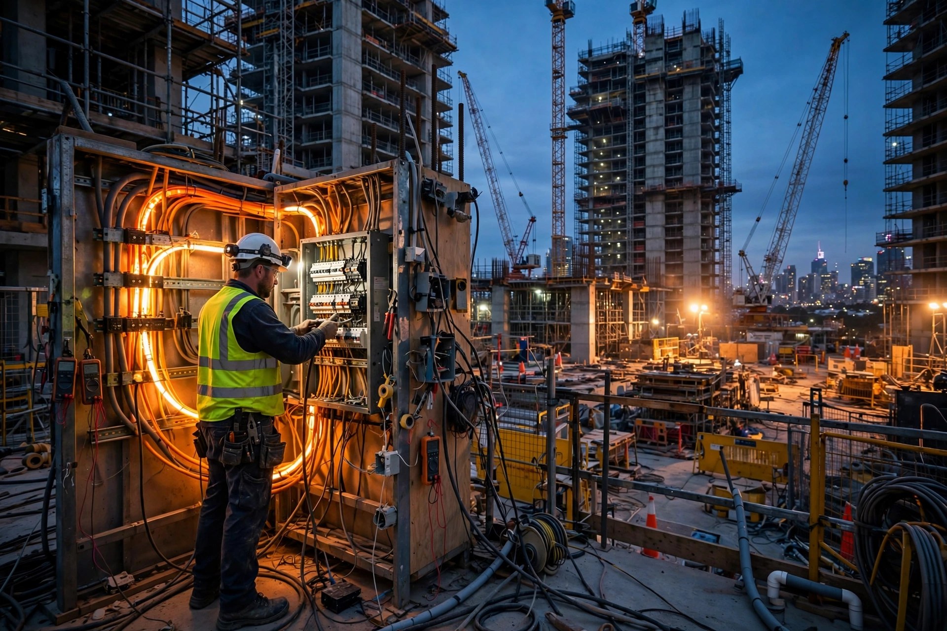 Electrician working on a switchboard at a Brisbane apartment construction site at dusk
