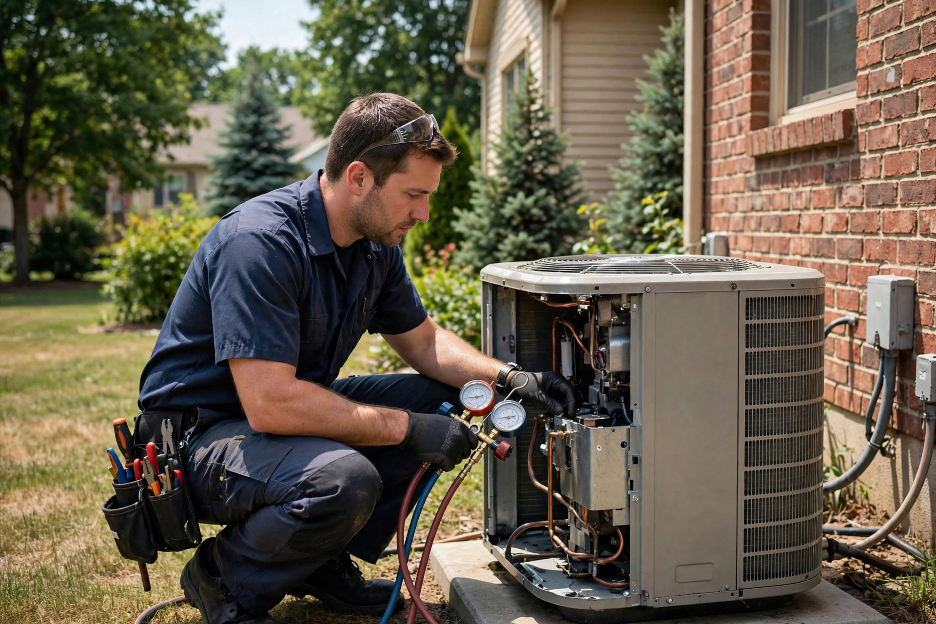 HVAC technician in a navy uniform connecting refrigerant gauges to an outdoor air-conditioning condenser unit beside a brick home