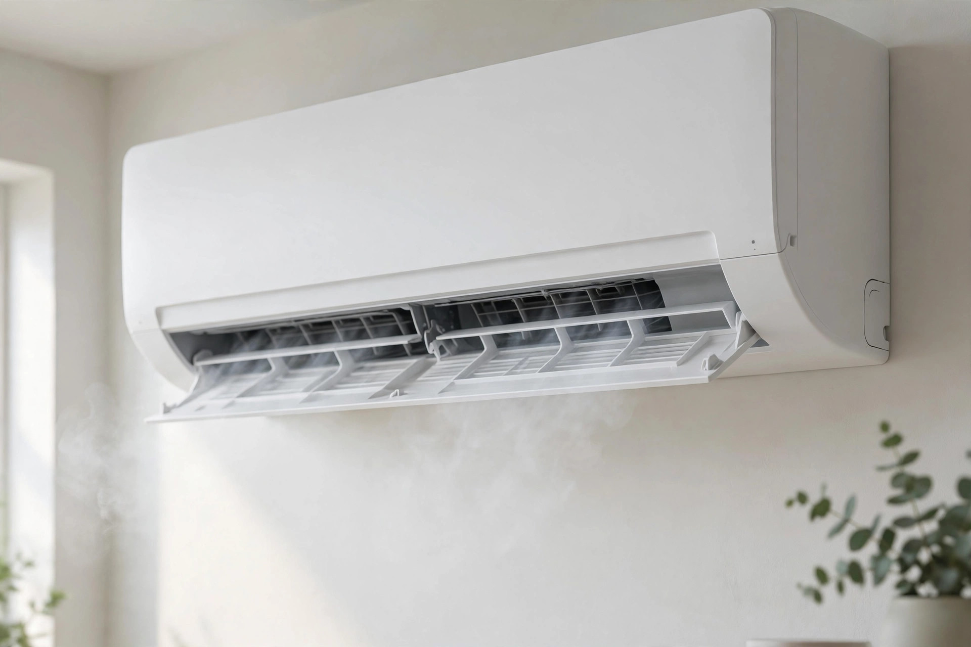 Wall-mounted ductless mini-split indoor unit releasing cool air in a bright, minimalist room