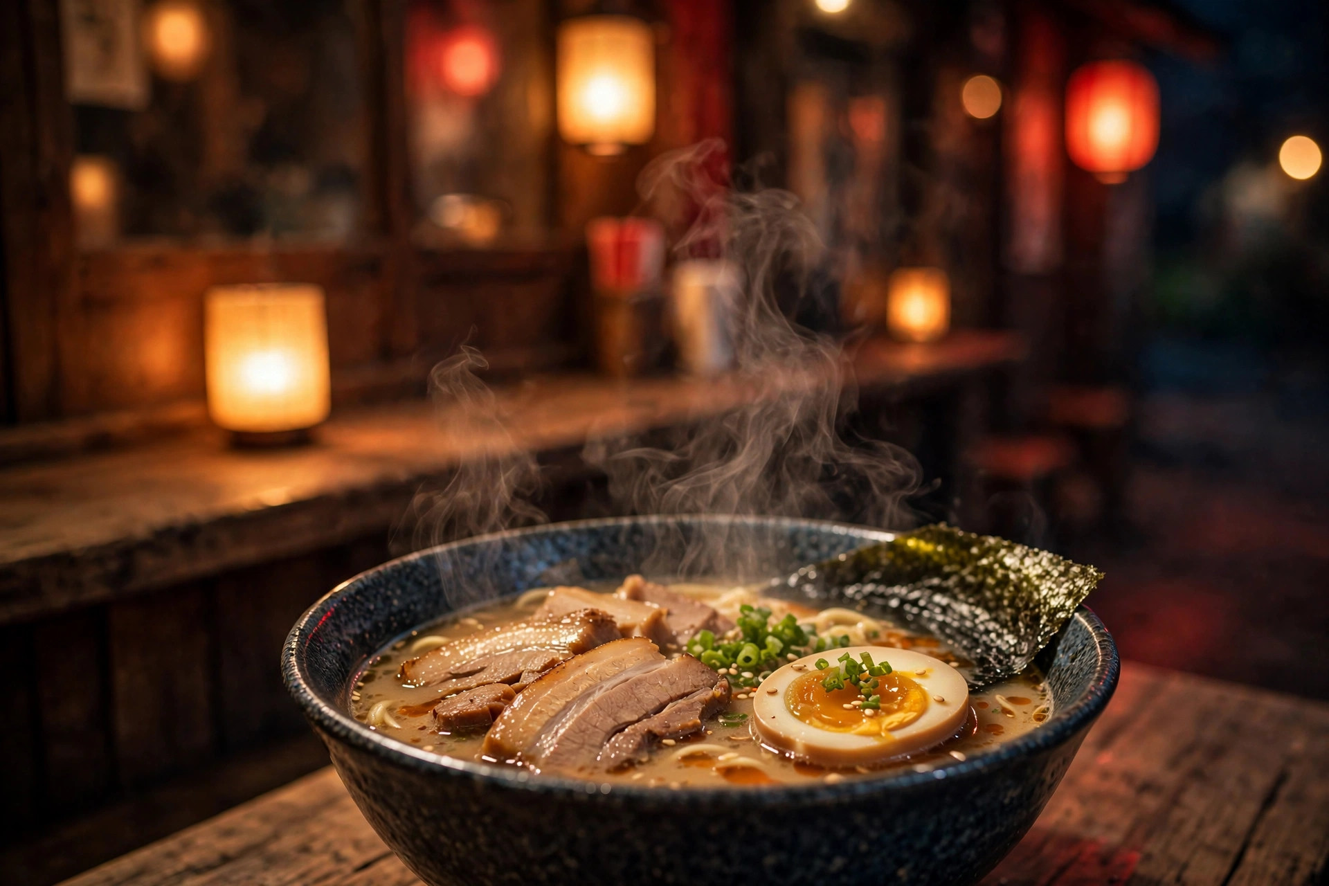 Ramen counter glowing at night