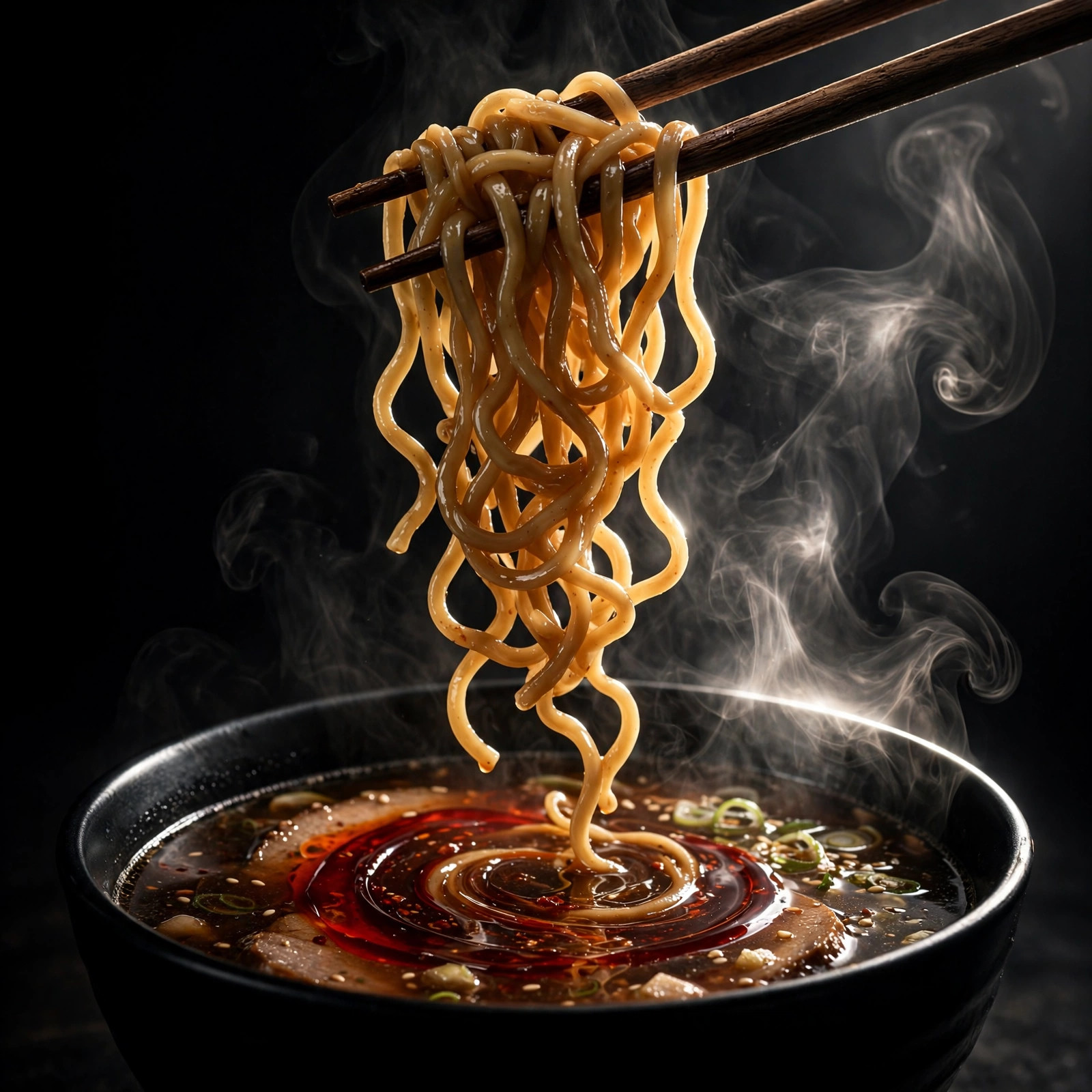 Chopsticks lifting ramen noodles above a dark bowl of rich broth