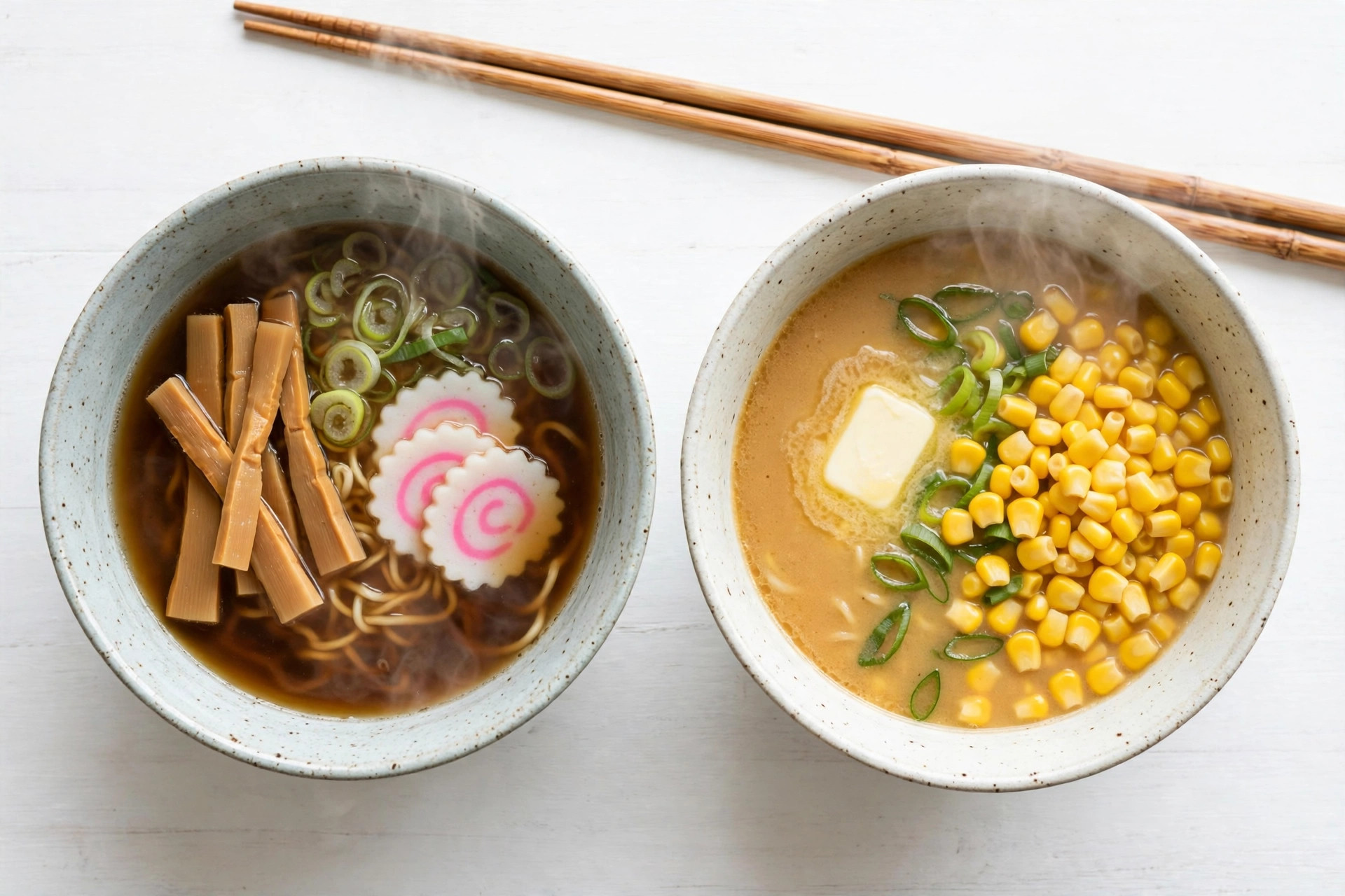 Two ramen bowls on a bright wooden table