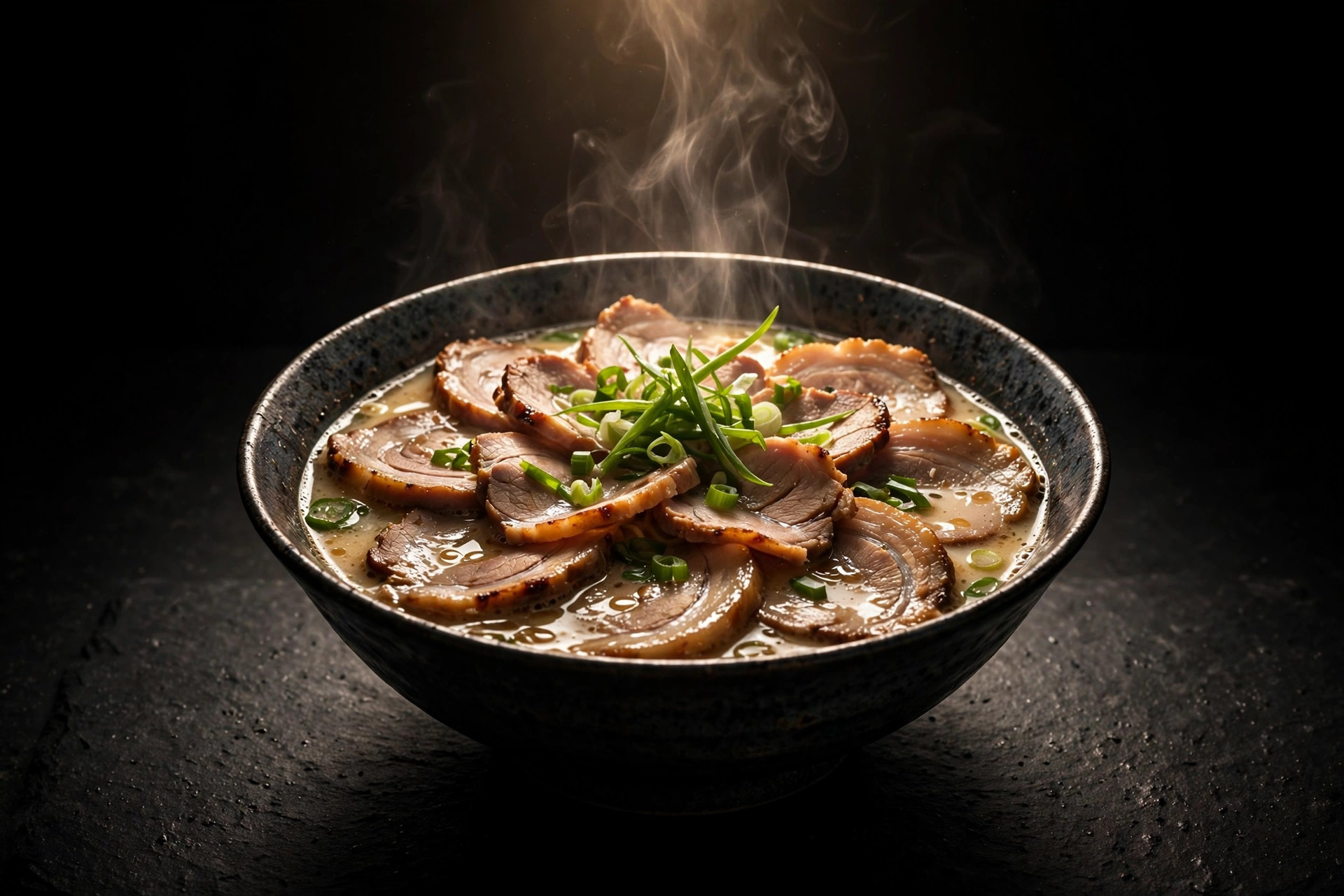Ramen bowl with chashu under warm light