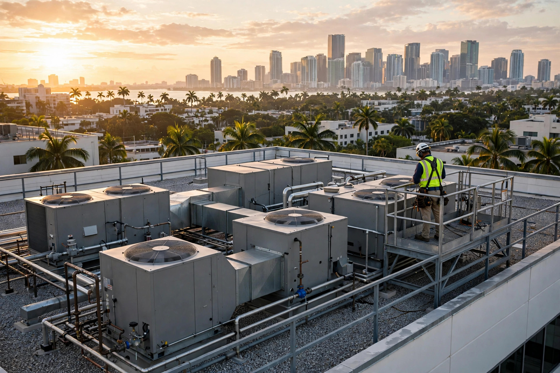 Commercial rooftop HVAC units in Miami at sunrise