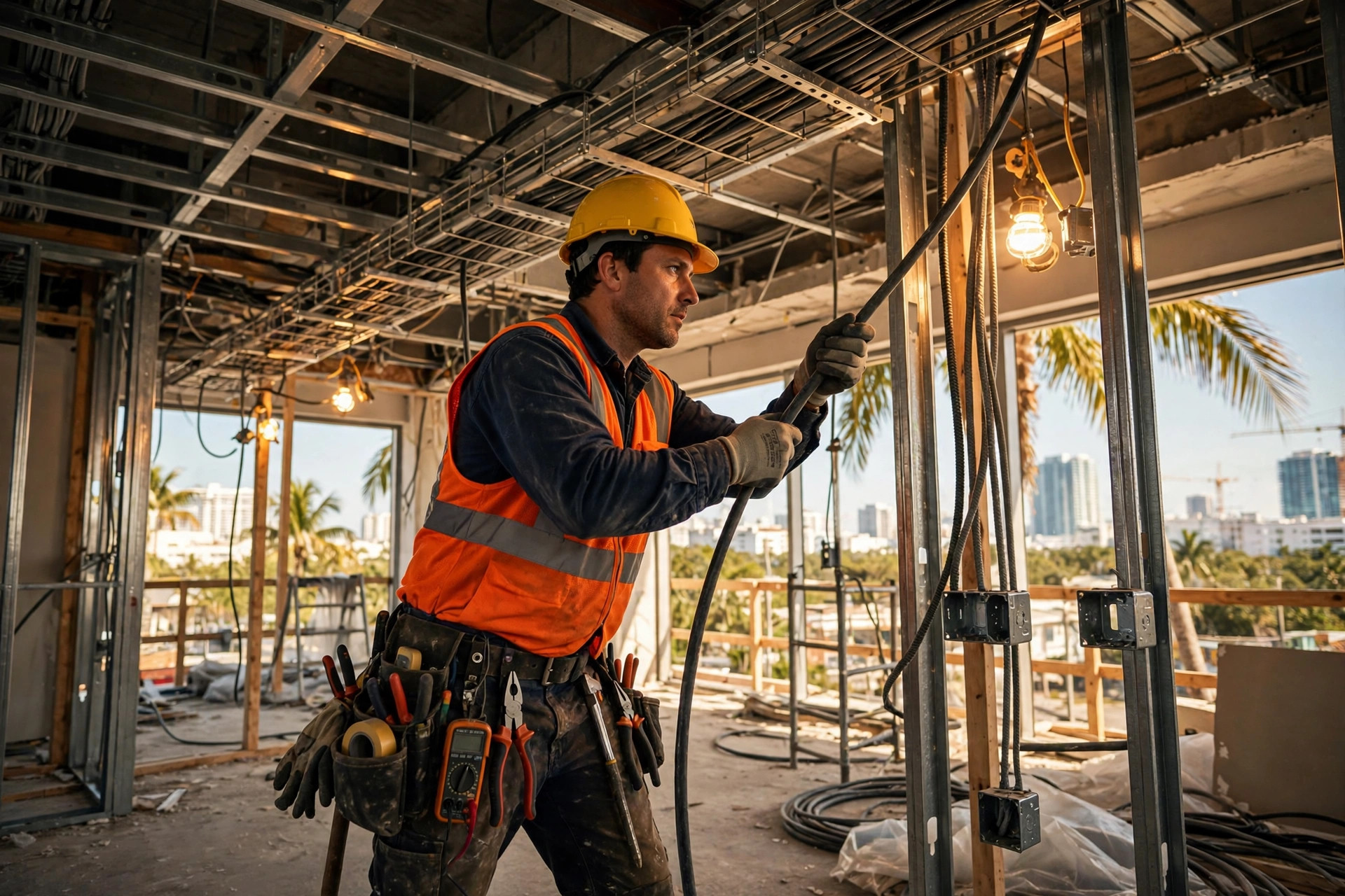 Navas electrician pulling conduit in a Miami commercial build