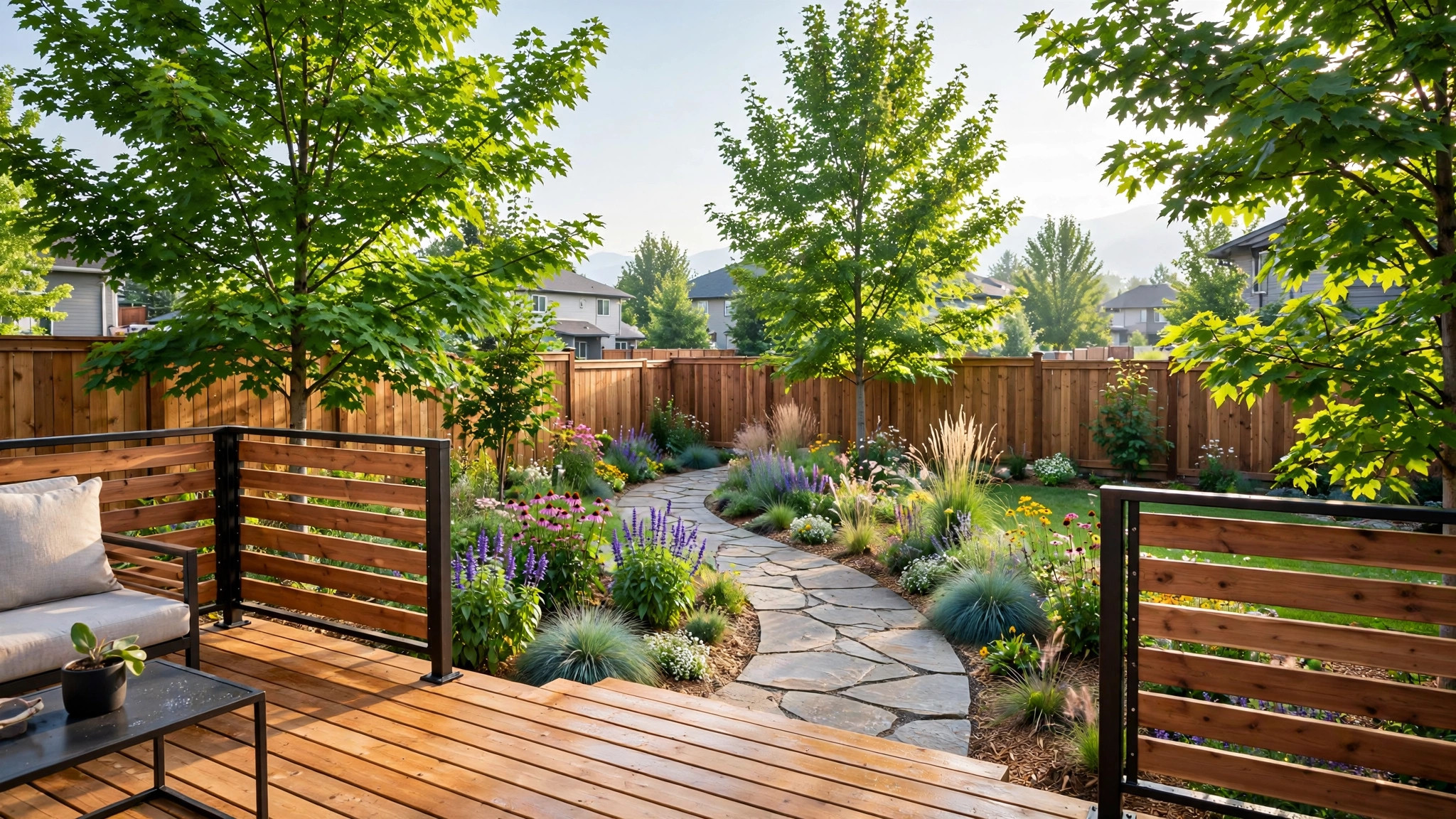 New Look landscaped backyard at dusk in Calgary