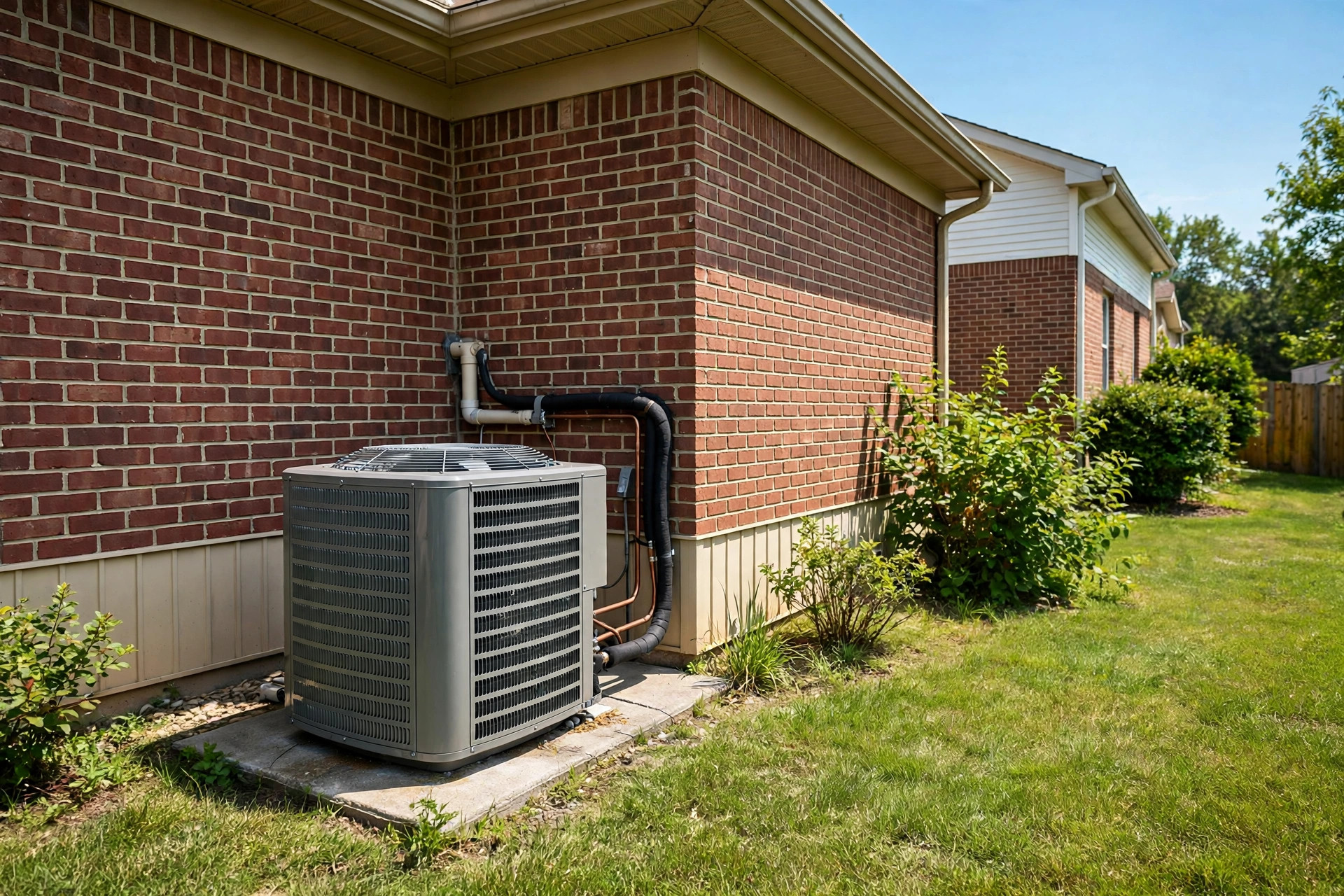 Outdoor air conditioning unit beside a house in daylight