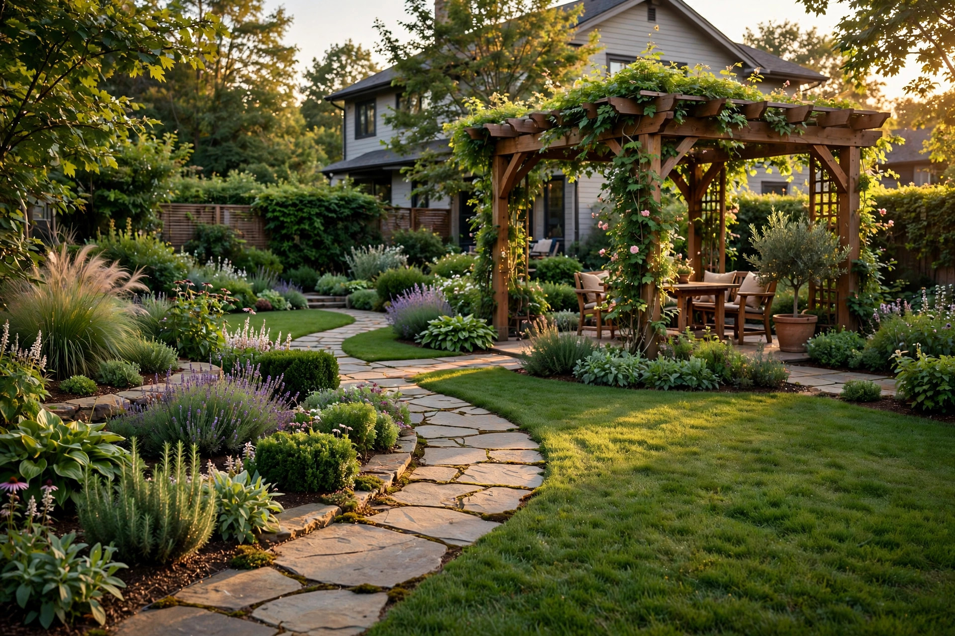 Manicured Calgary landscape with stone terrace