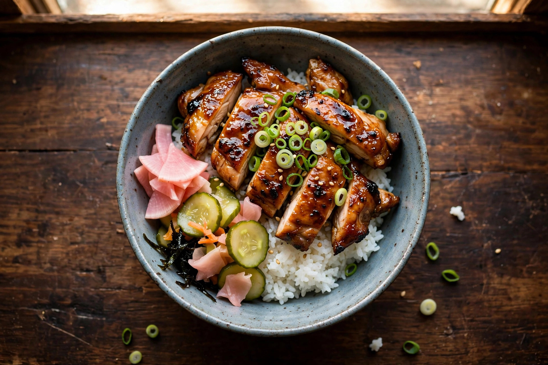 Teriyaki chicken bowl from above