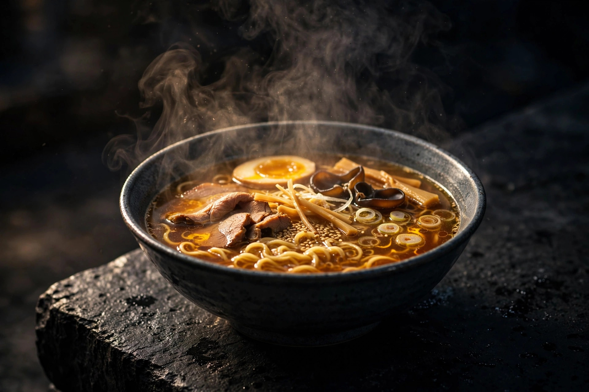 Dark editorial style preview — steaming ramen