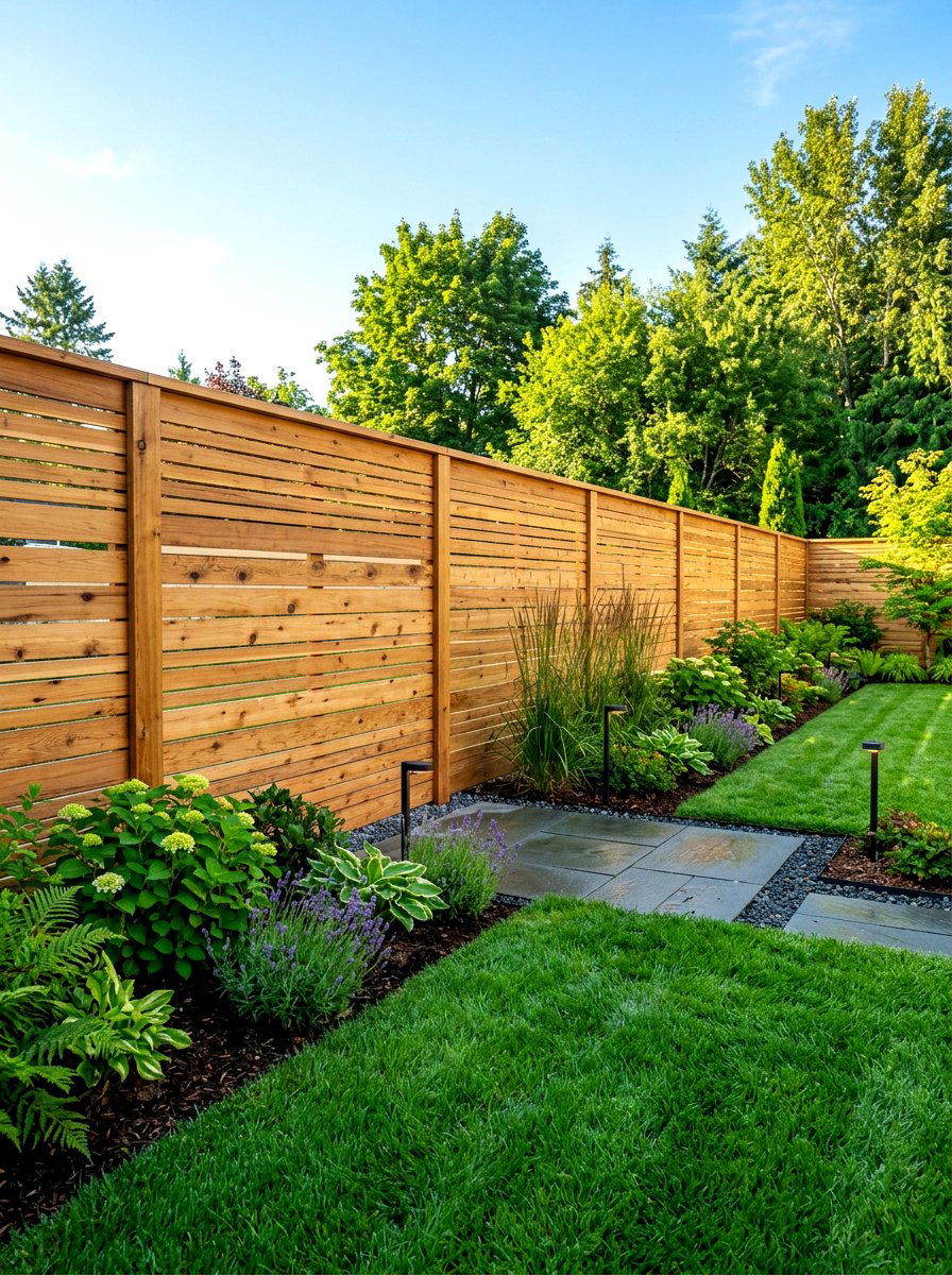 Timber slat fencing in a landscaped backyard