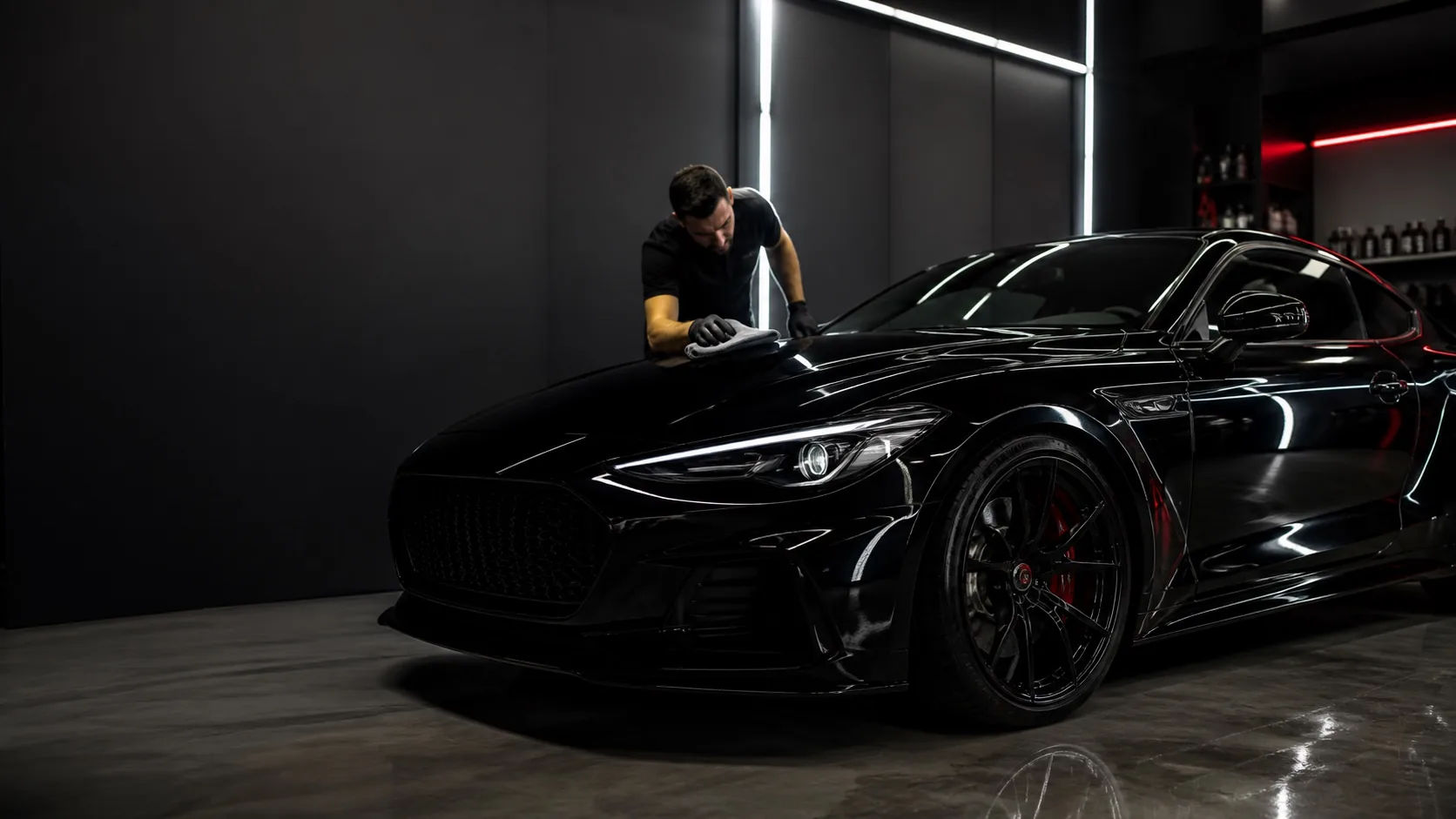 Dark sports coupe being detailed under studio lights