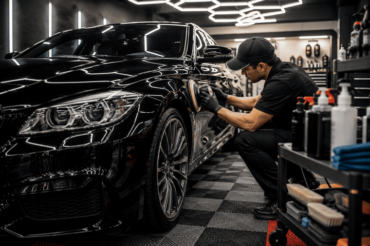 Detailing a black car under studio lighting