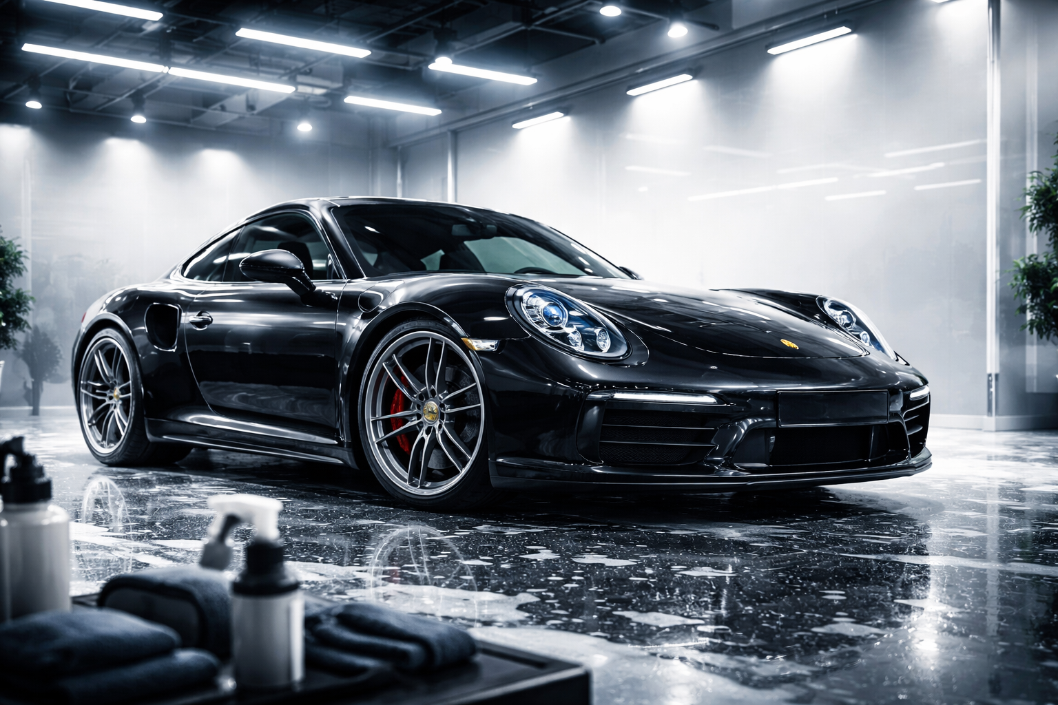 Finished sports car gleaming in the detailing bay