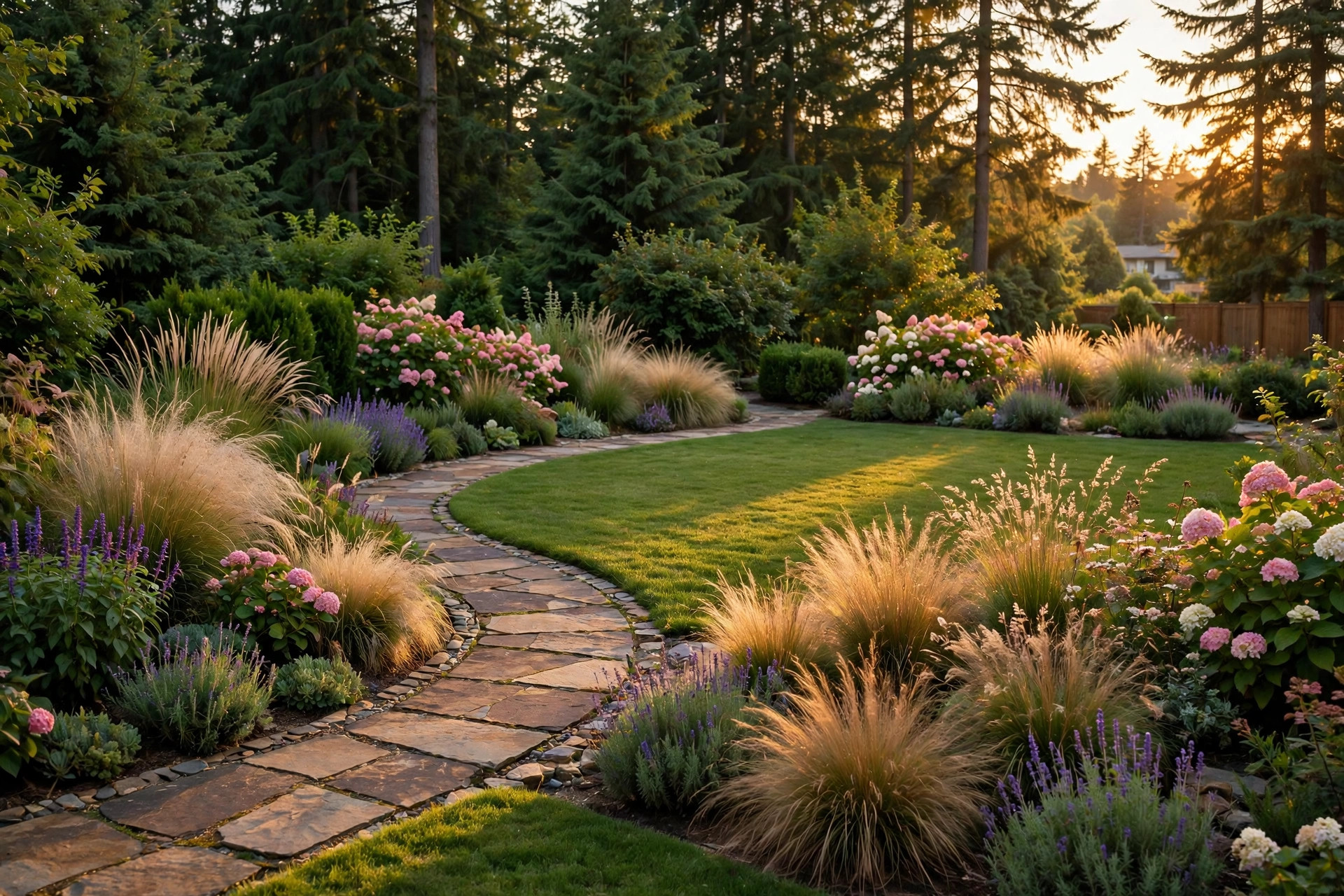 Landscaped residential garden with curved stone path at golden hour