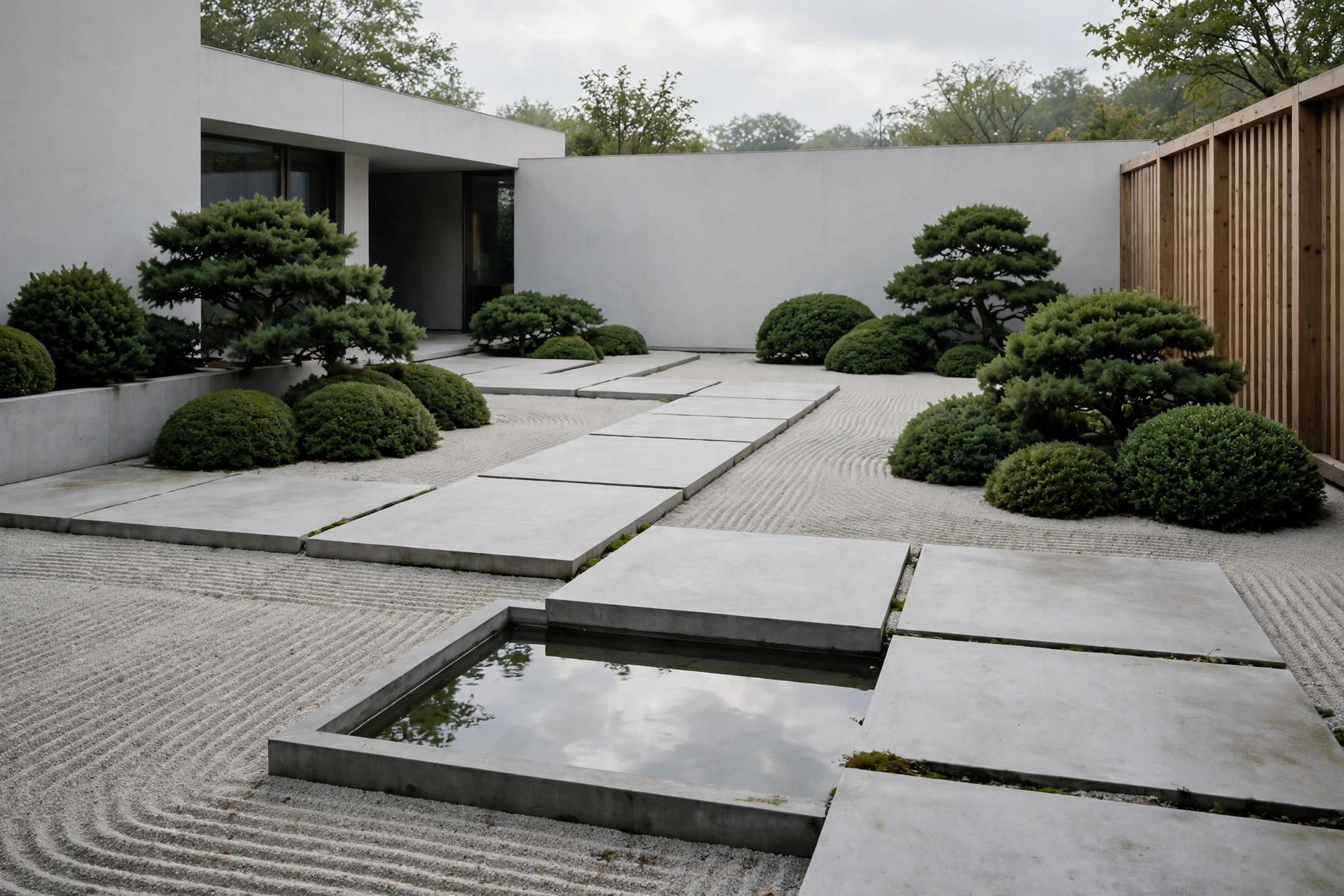 Minimalist courtyard garden with stone pavers and still water