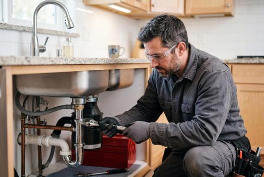 Plumber repairing pipework under a kitchen sink