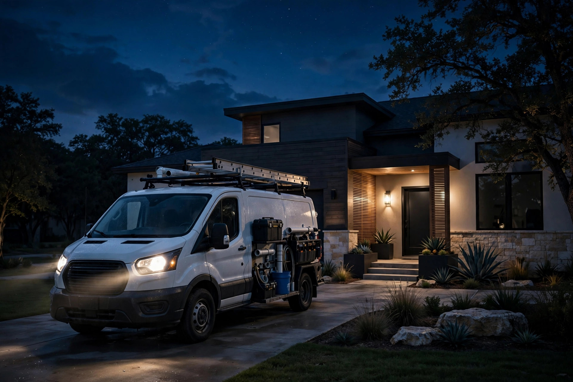 Plumber's van outside an Austin home at night