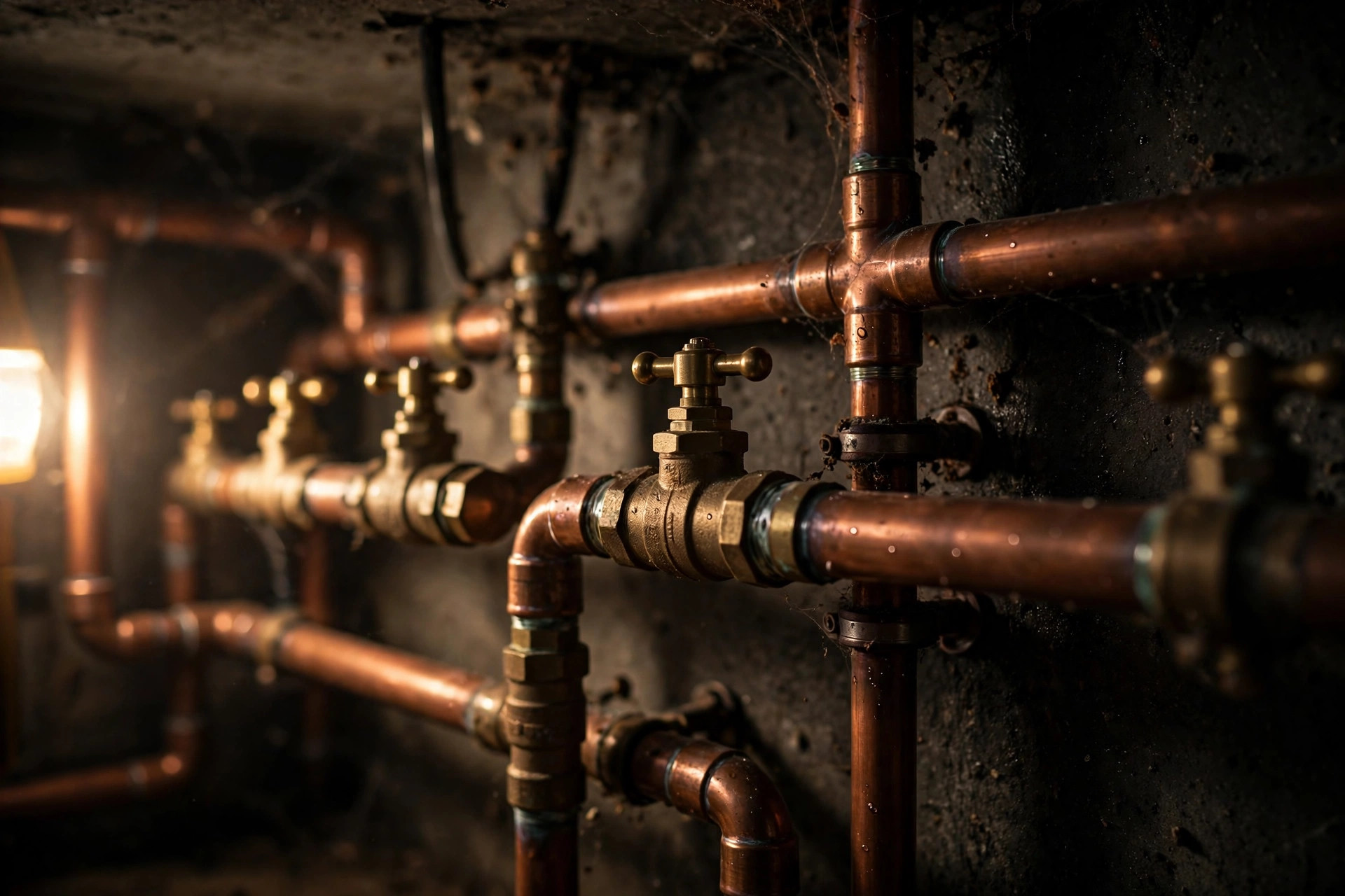 Copper pipes and valves in warm work light