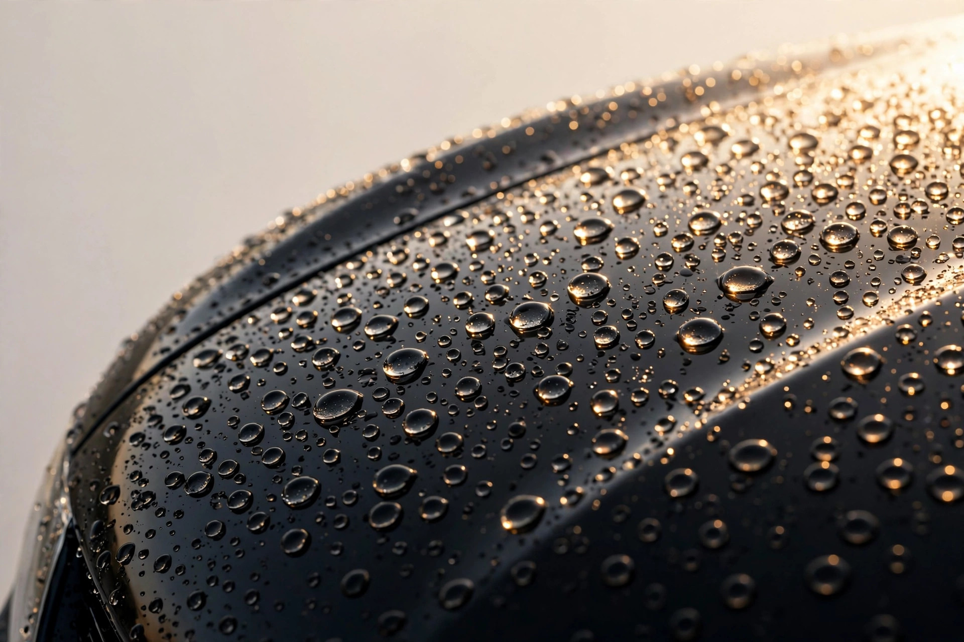 Water beading on freshly coated black paint in morning light