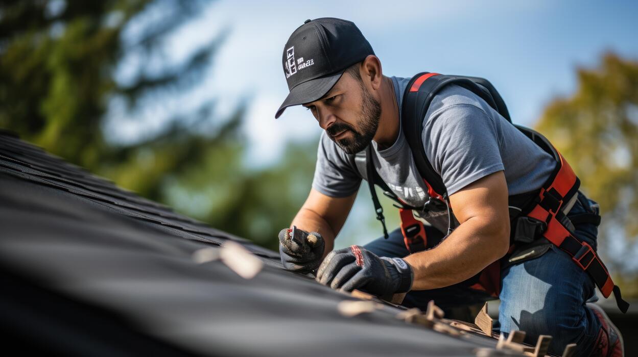 Roofer repairing shingles on a residential roof