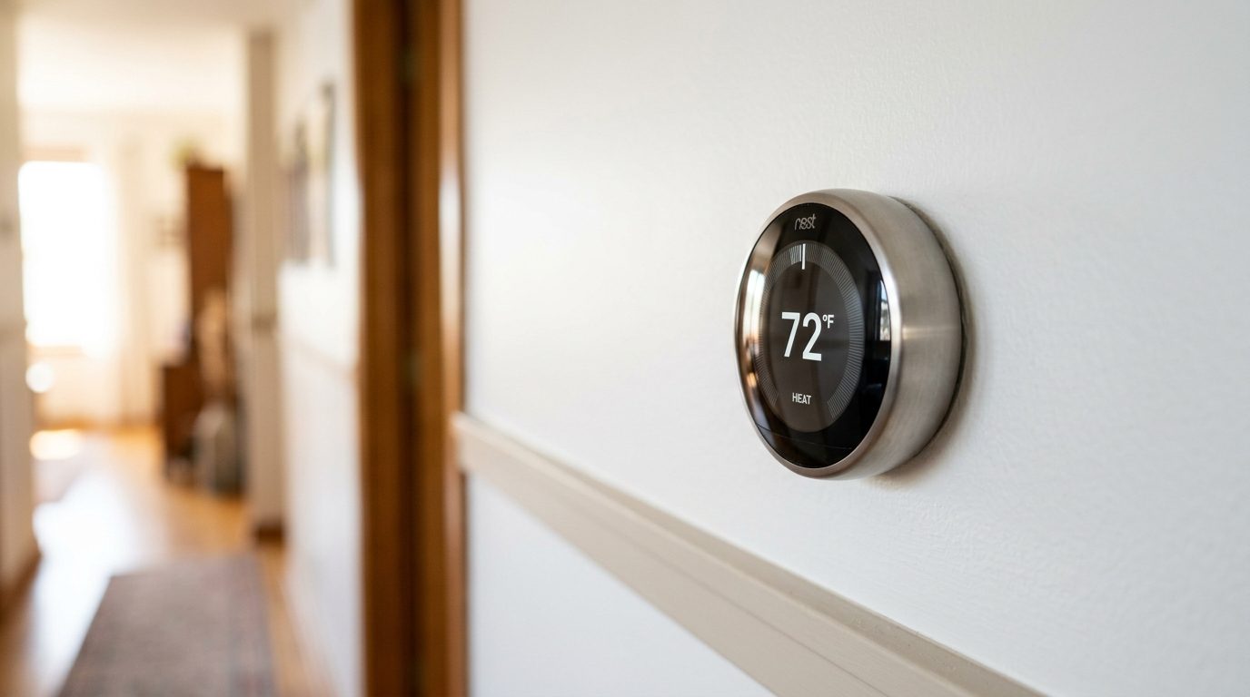 Modern thermostat in a home living room
