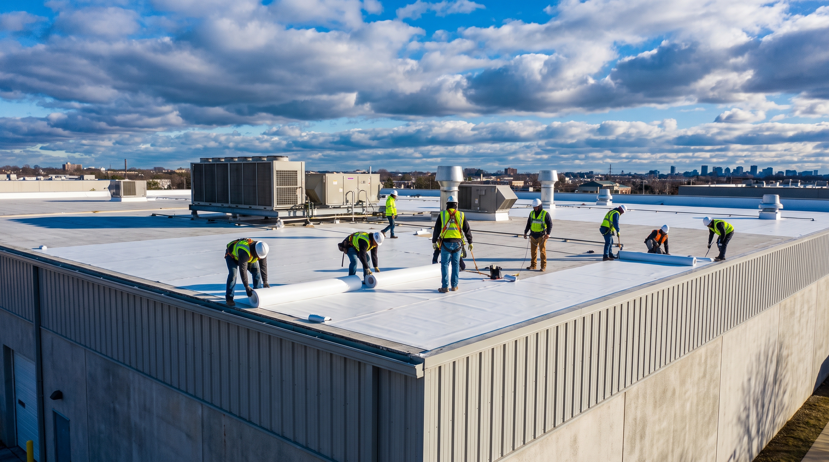 Flat-roof crew installing membrane