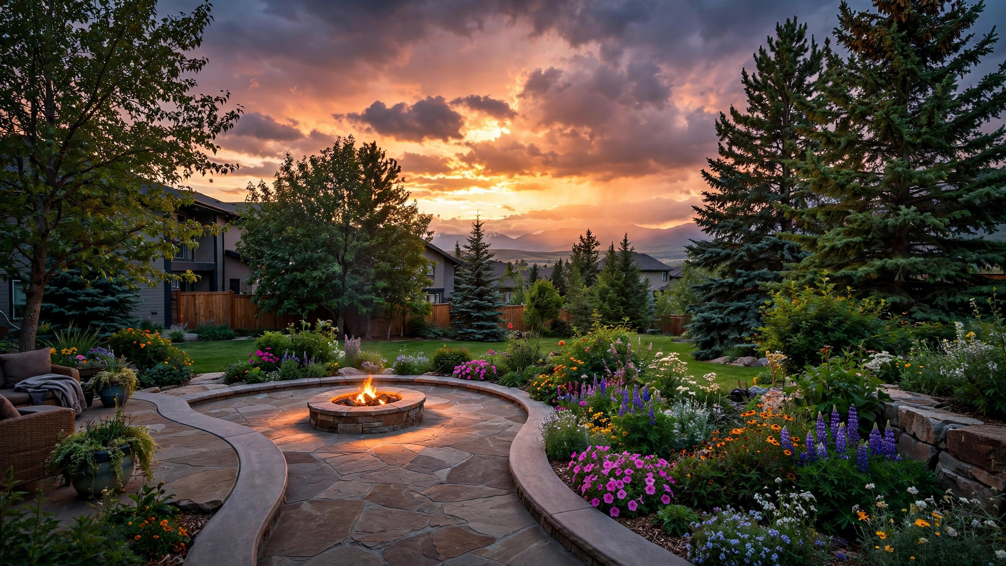 Rebel Outdoor landscaped backyard at dusk in Calgary
