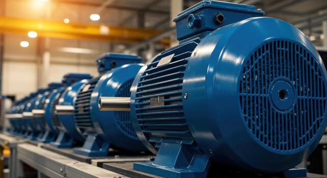 Electric motors lined up in an industrial setting