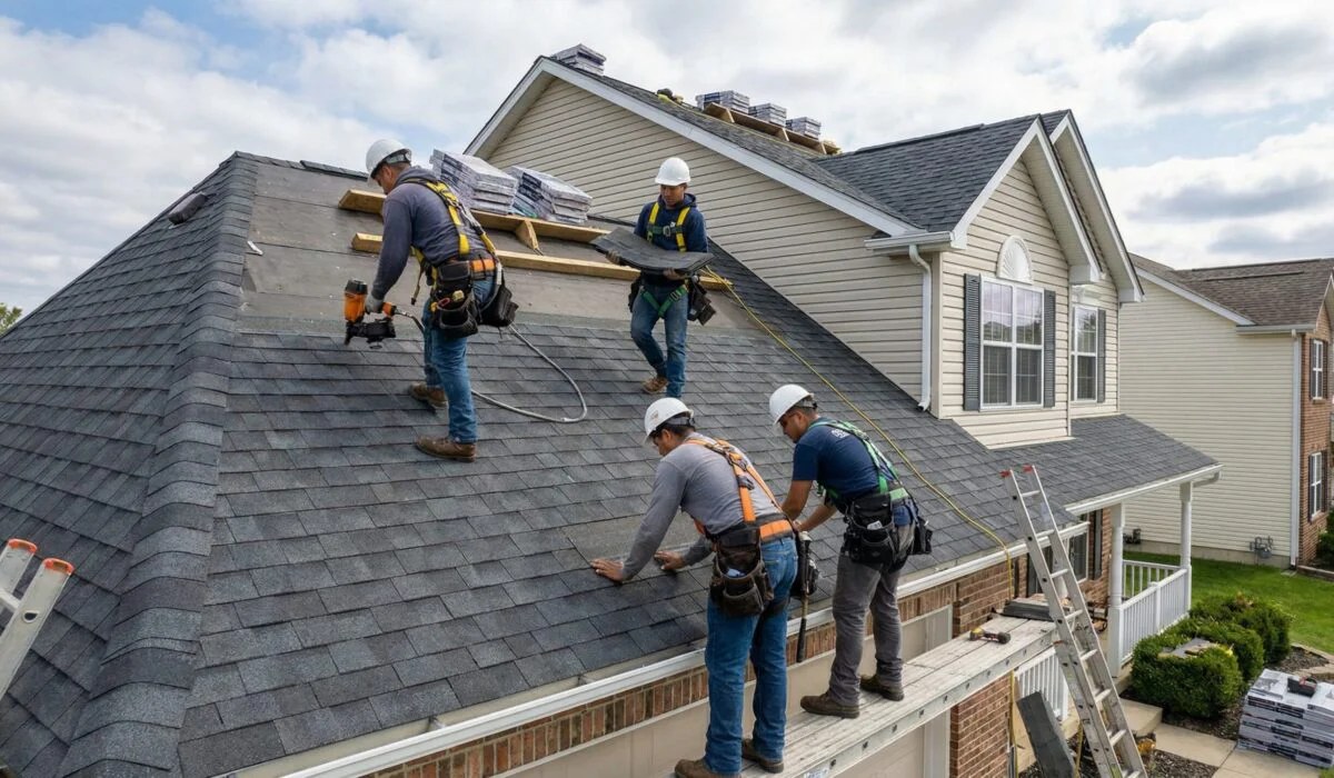 Roofers installing asphalt shingles on a house roof