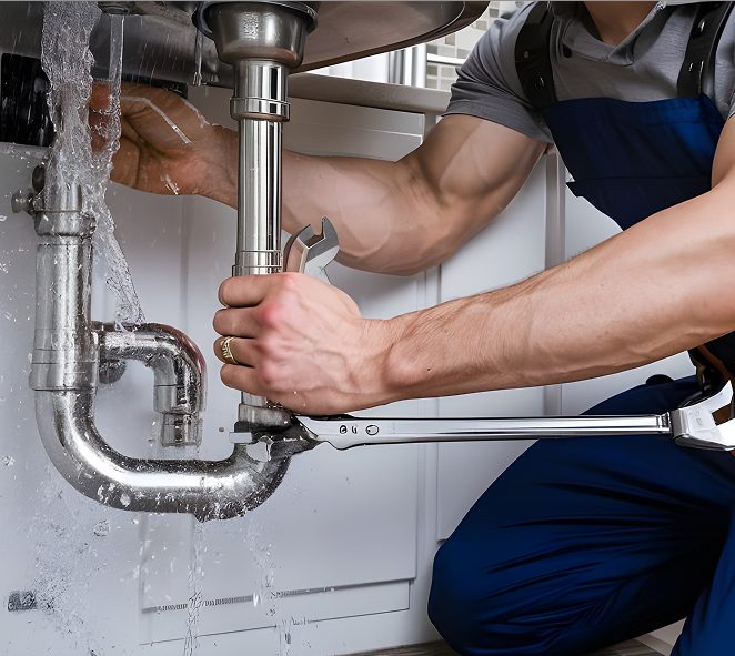 Plumber repairing a leaking sink pipe