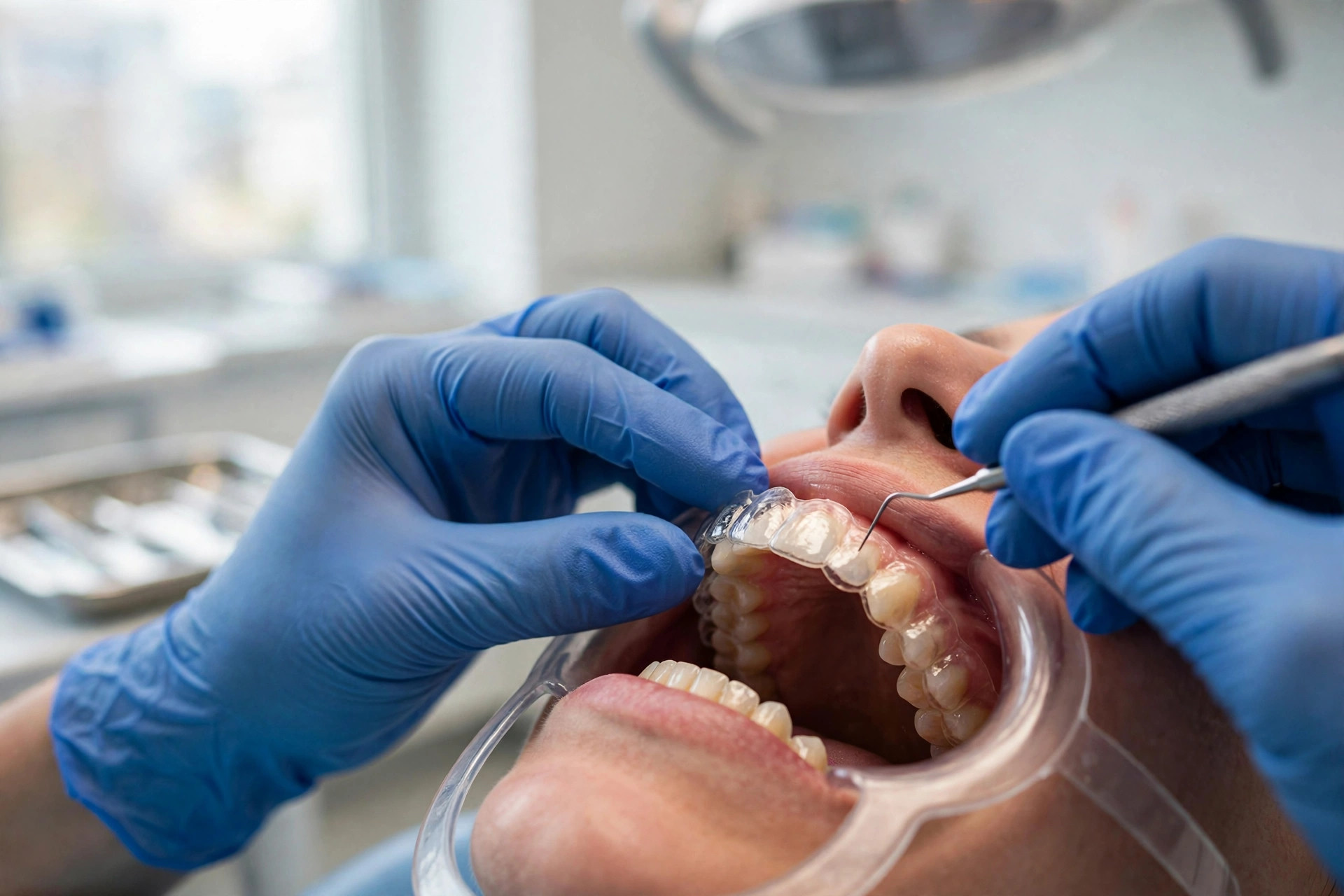 Orthodontist adjusting clear aligner