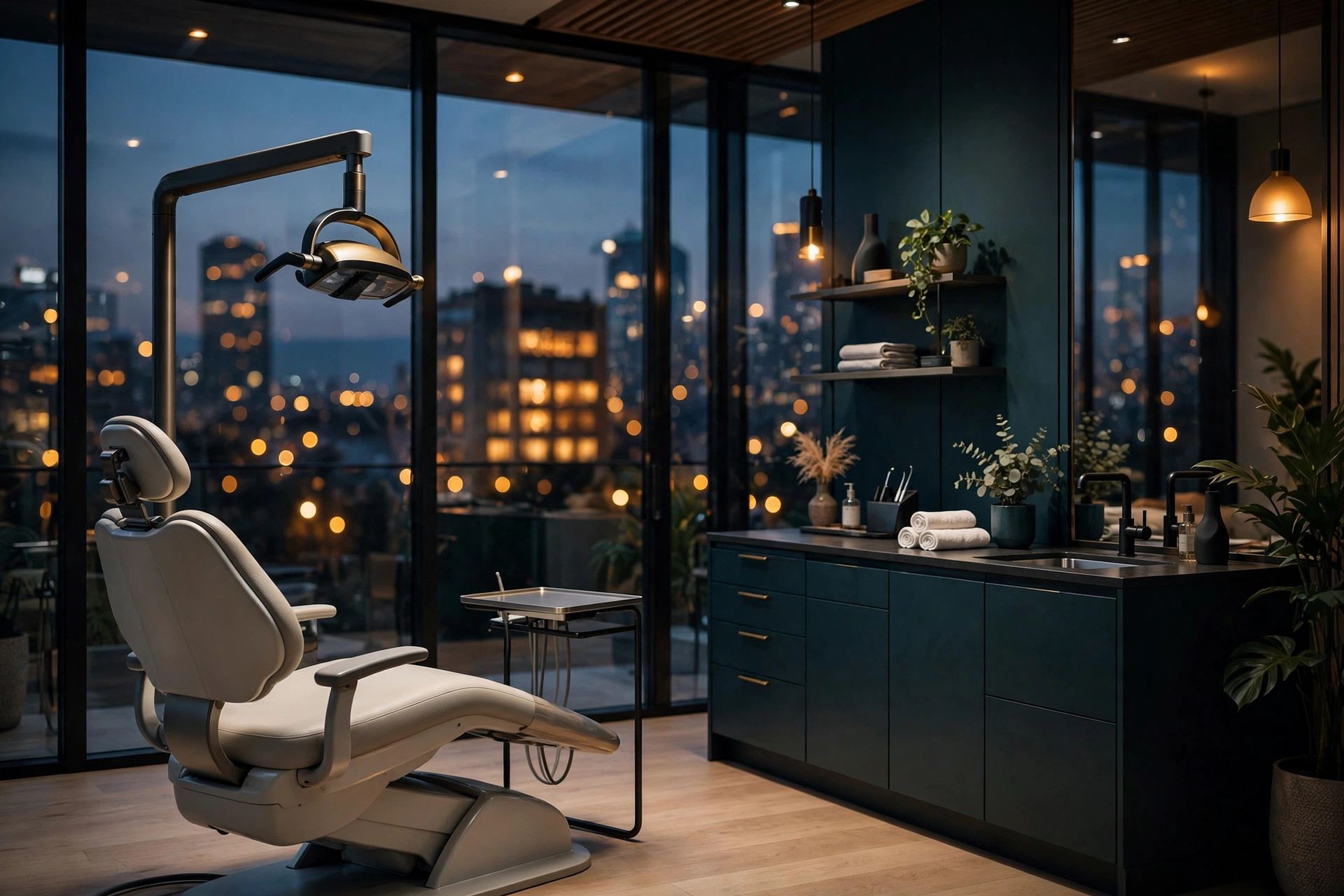 Modern dental office at dusk