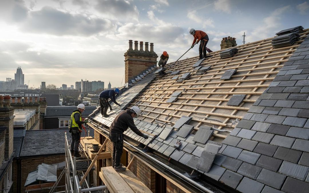 Roofers installing tiles on a London townhouse roof