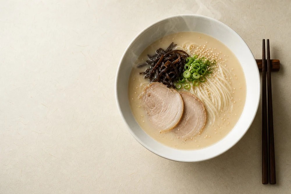 A steaming bowl of tonkotsu ramen