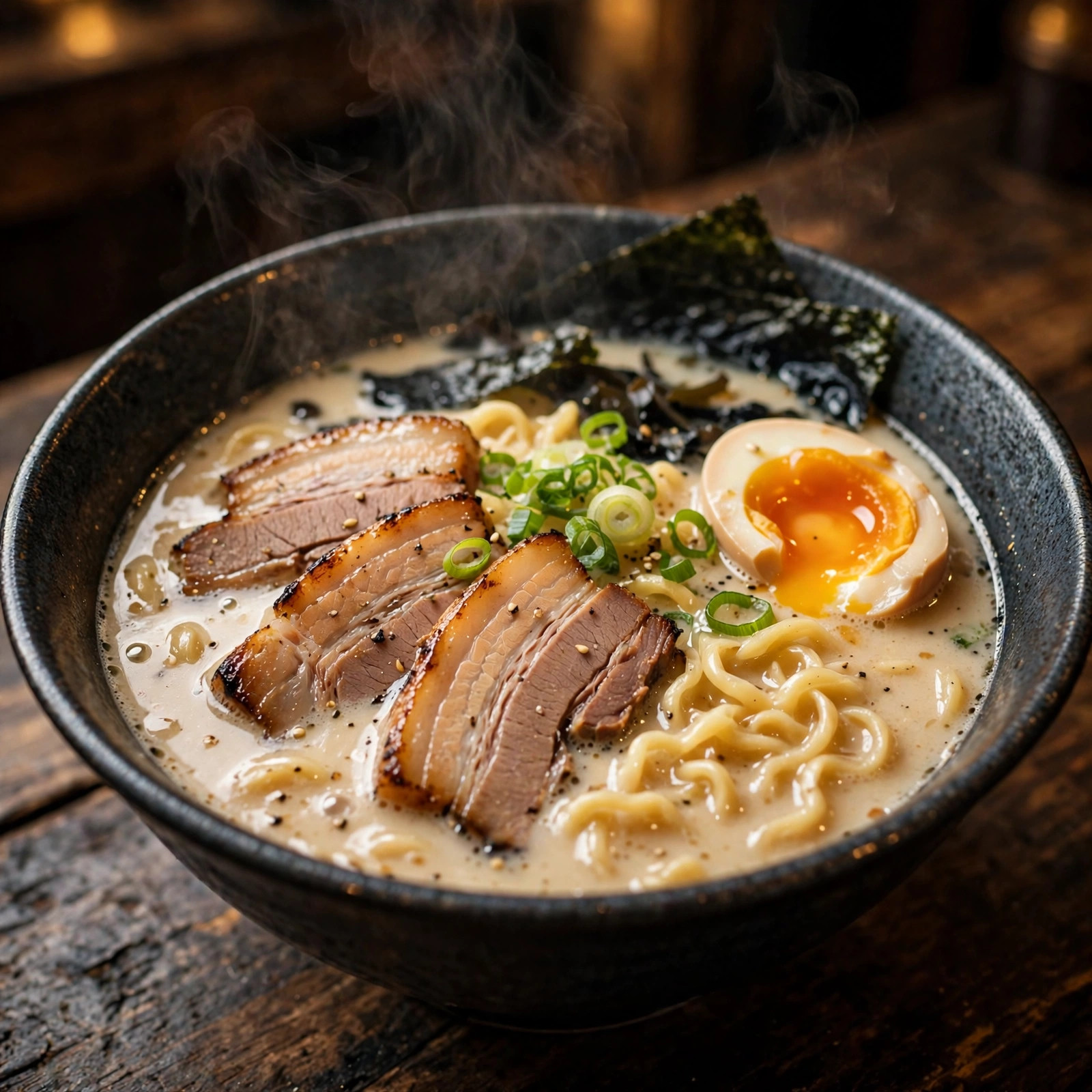 A steaming bowl of tonkotsu ramen on a wooden counter