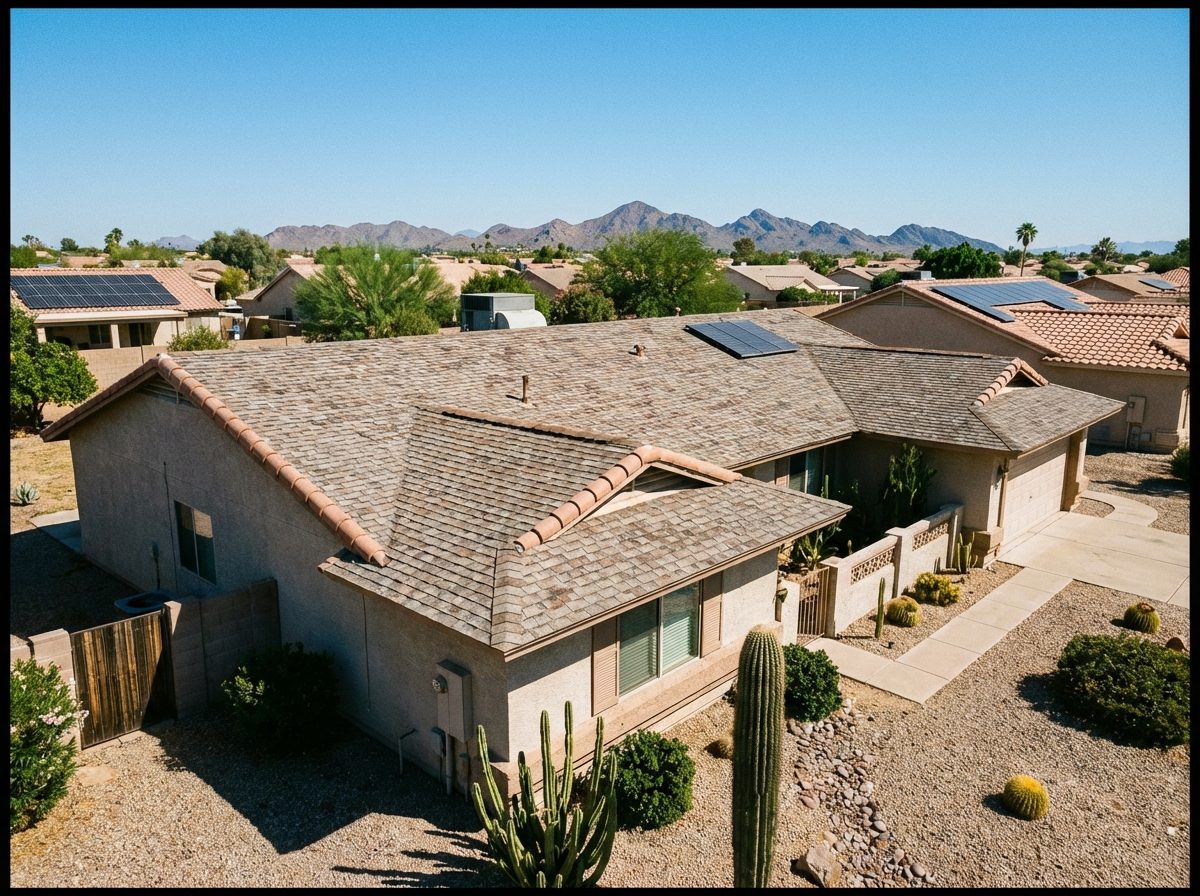 Roofer installing shingles on a residential roof