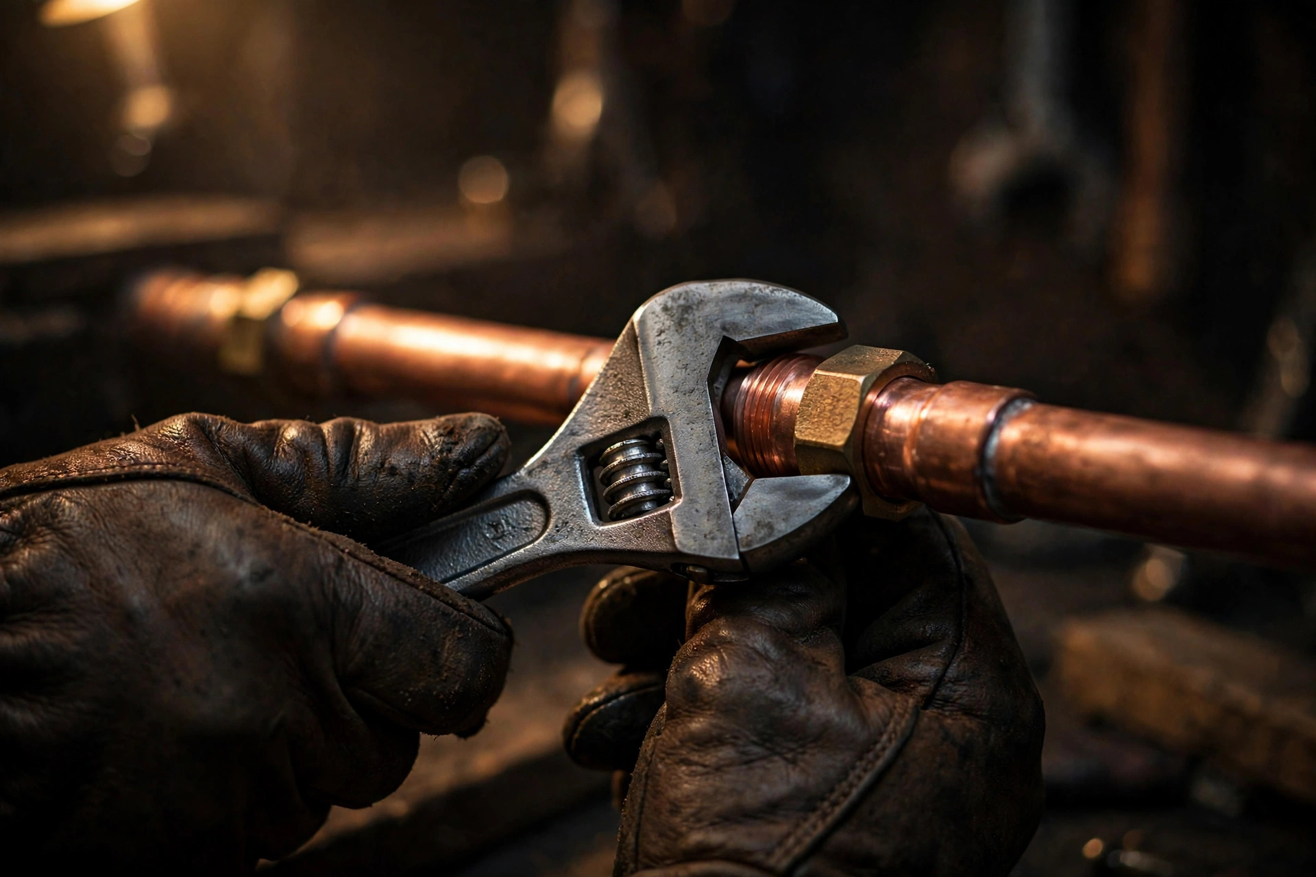 Plumber's hands tightening a copper fitting