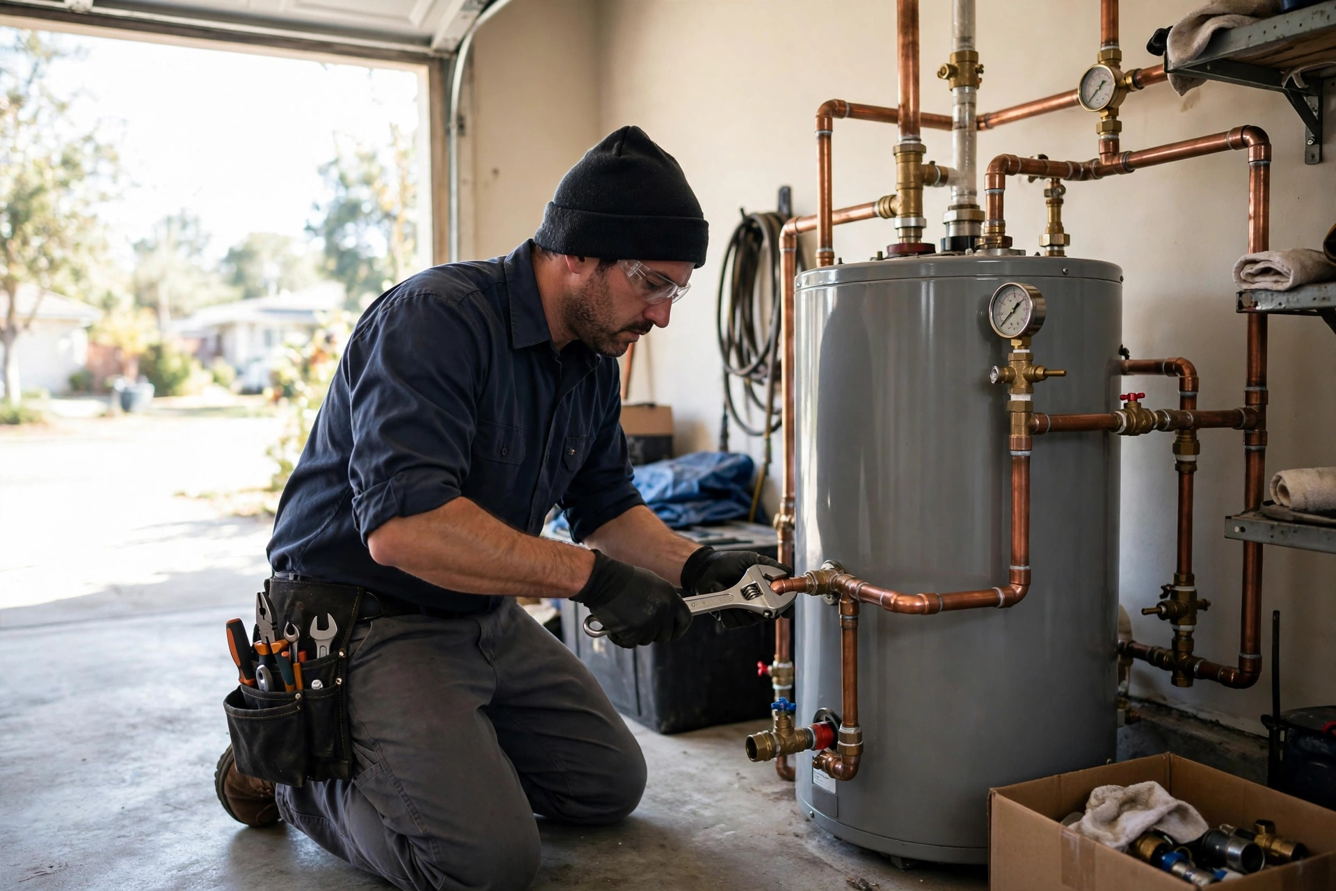 Water heater service in a Snohomish County garage