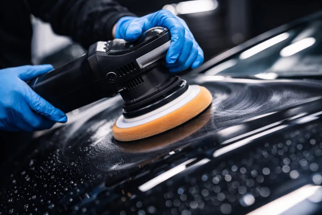 Machine polishing a car during a mobile detail