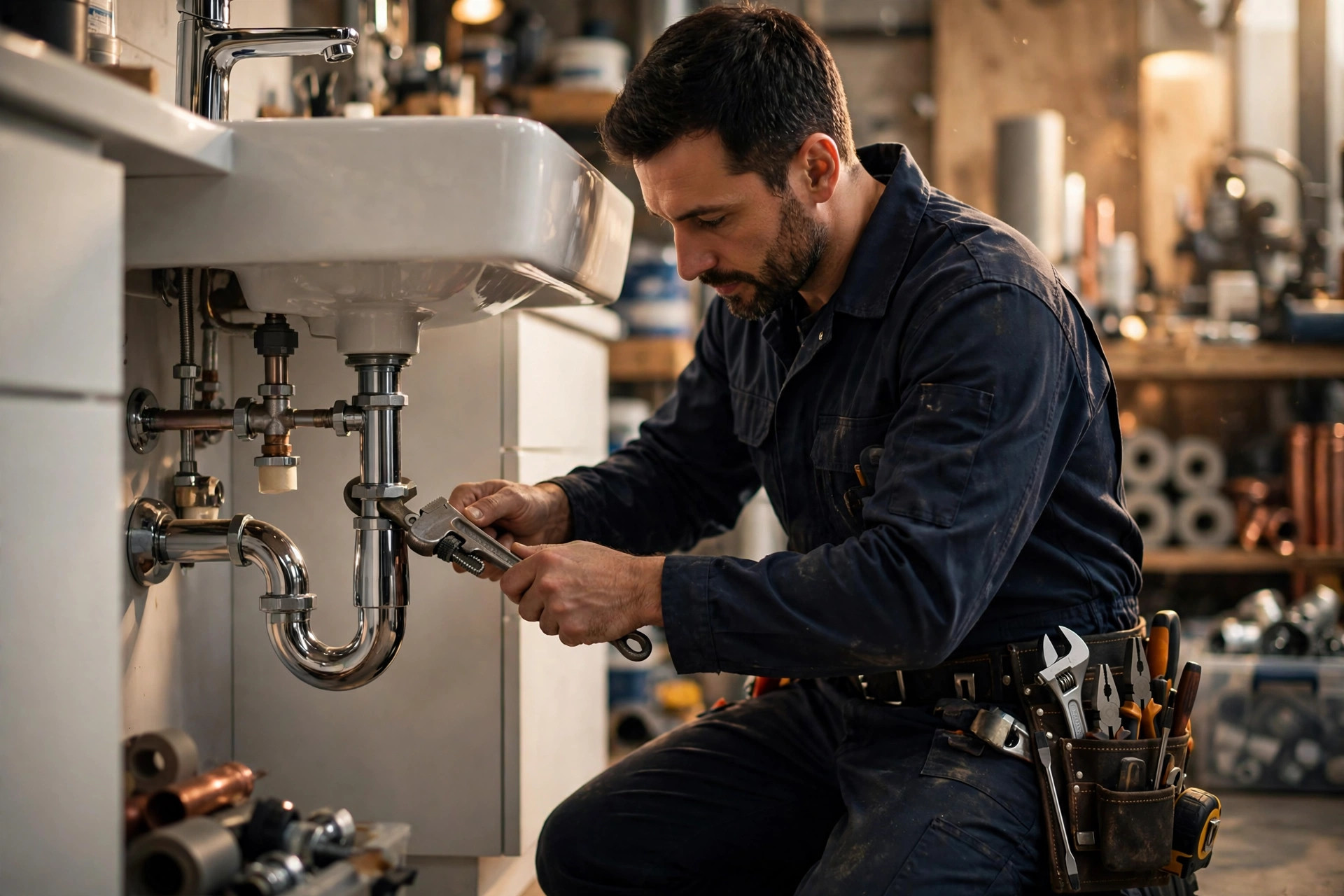 Plumber fixing pipes under a bathroom sink